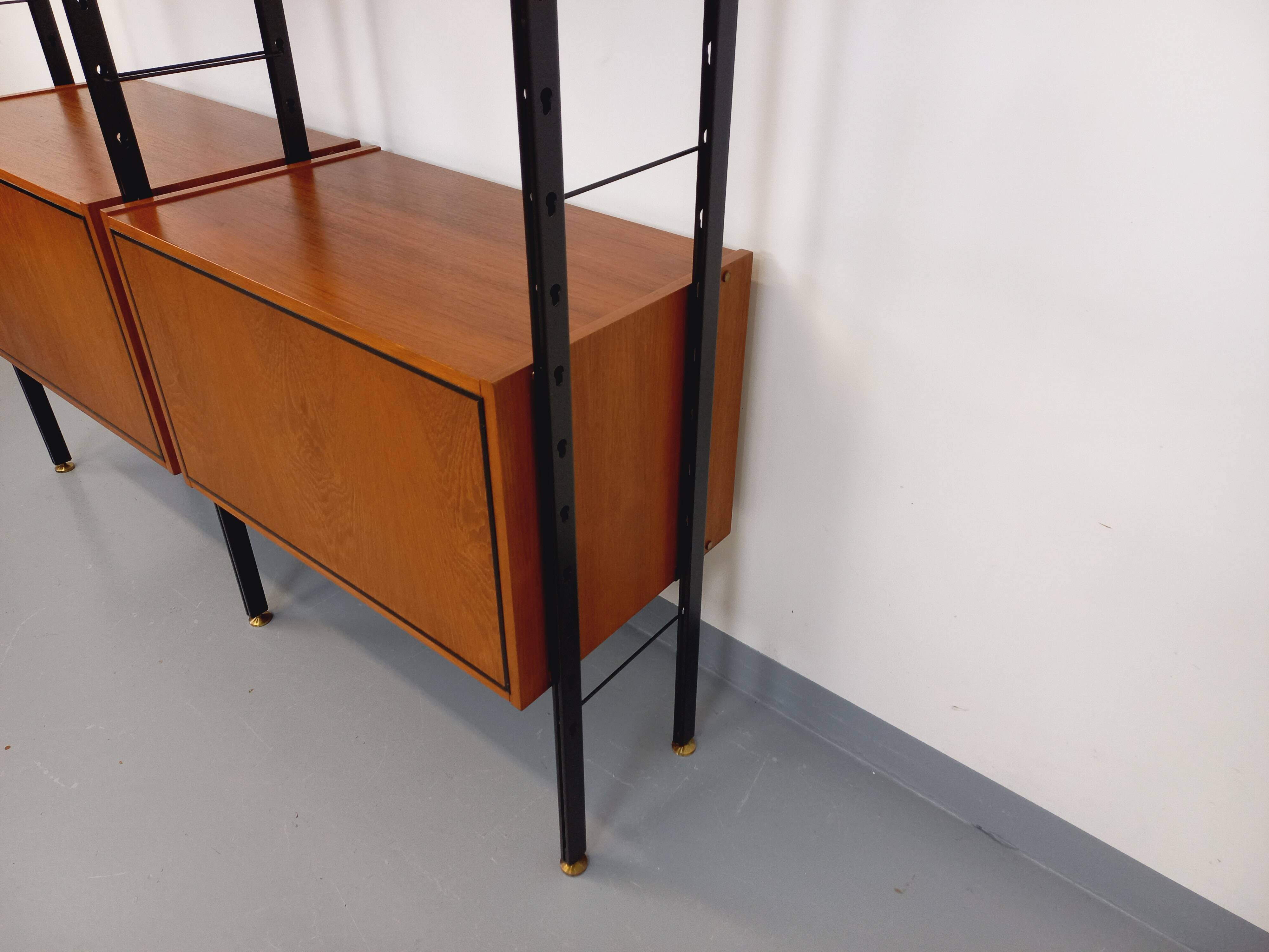 Vintage Italian double modular shelf bookcase in teak and metal