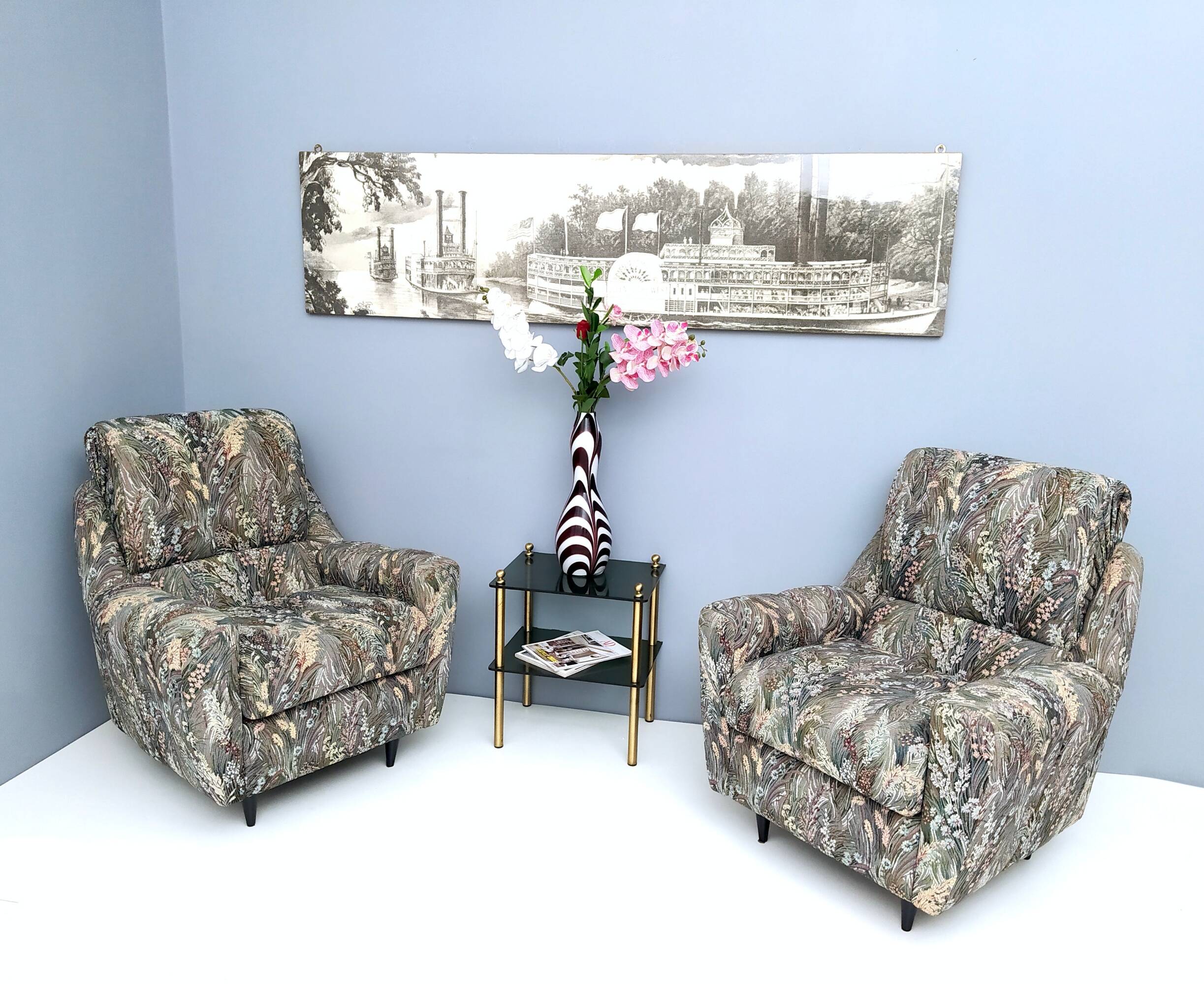 Pair of High-Quality Patterned Fabric Armchairs, Italy
