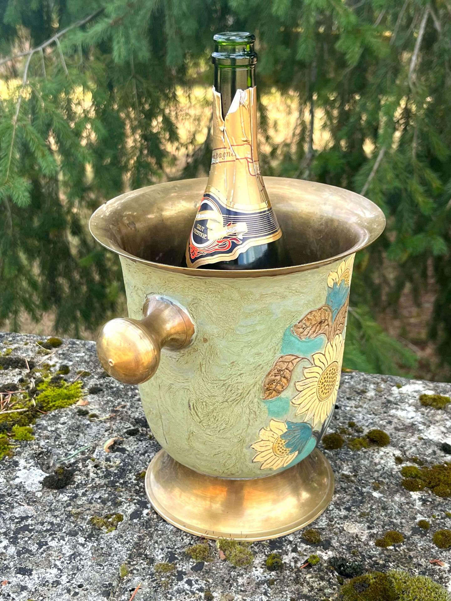 Cloisonne Brass champagne bucket with sunflower relief decoration