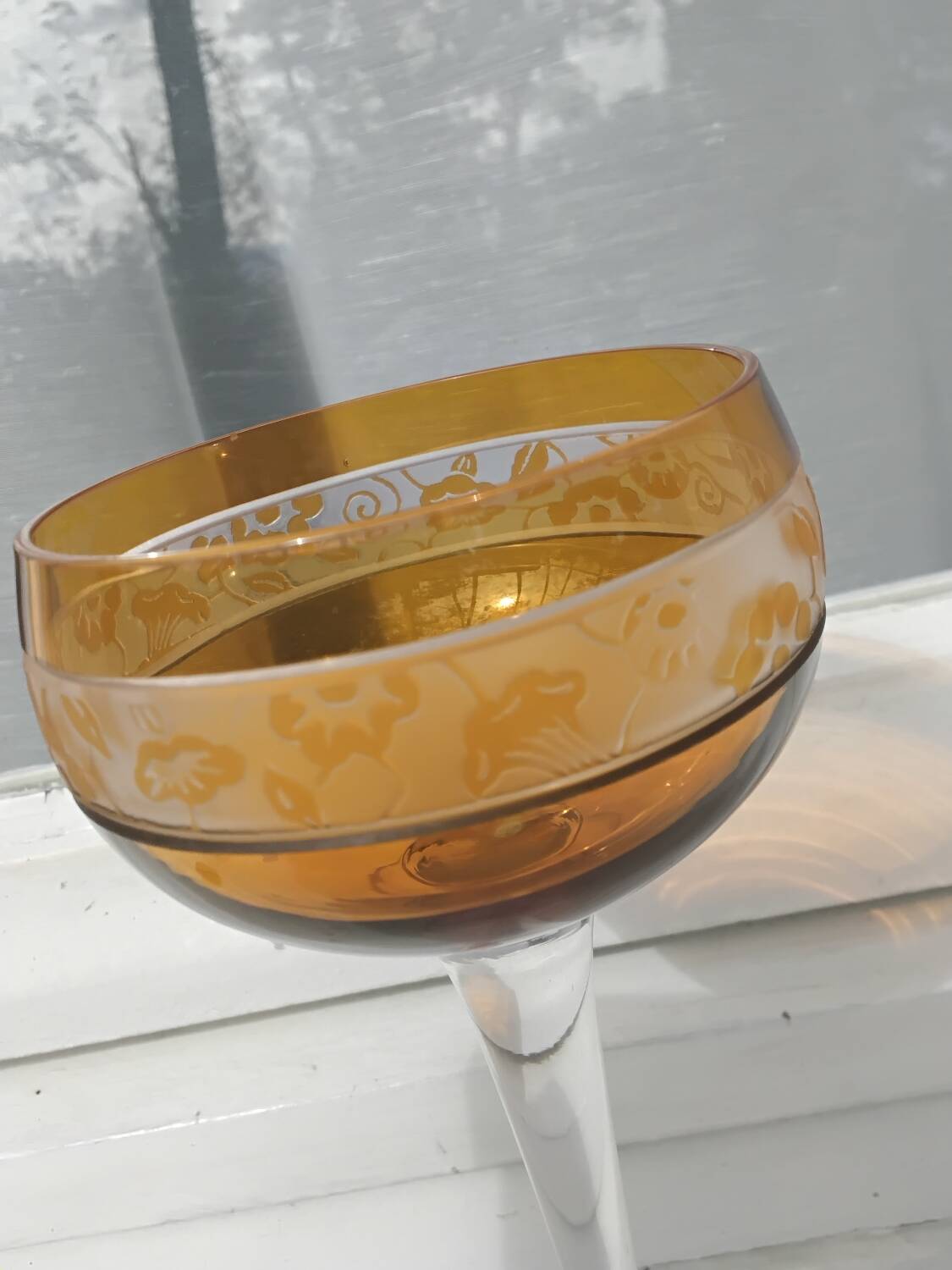 14cl Nancy Houillon crystal wine glass, amber lined, floral frieze