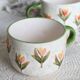 Vintage slip cups / mugs - Tulip pattern - Orange and green tones
