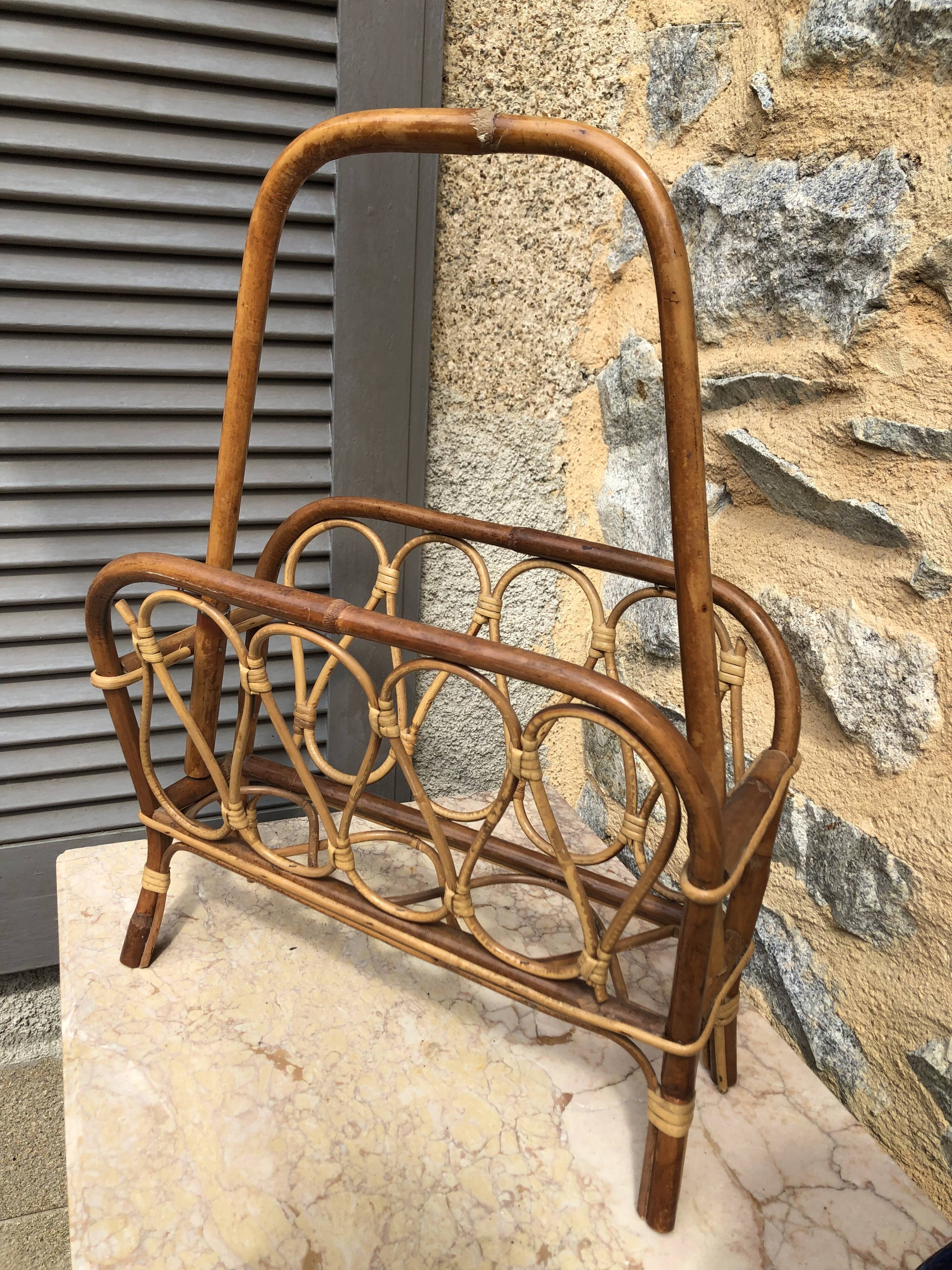 Magazine holder Bamboo and rattan vintage 1960