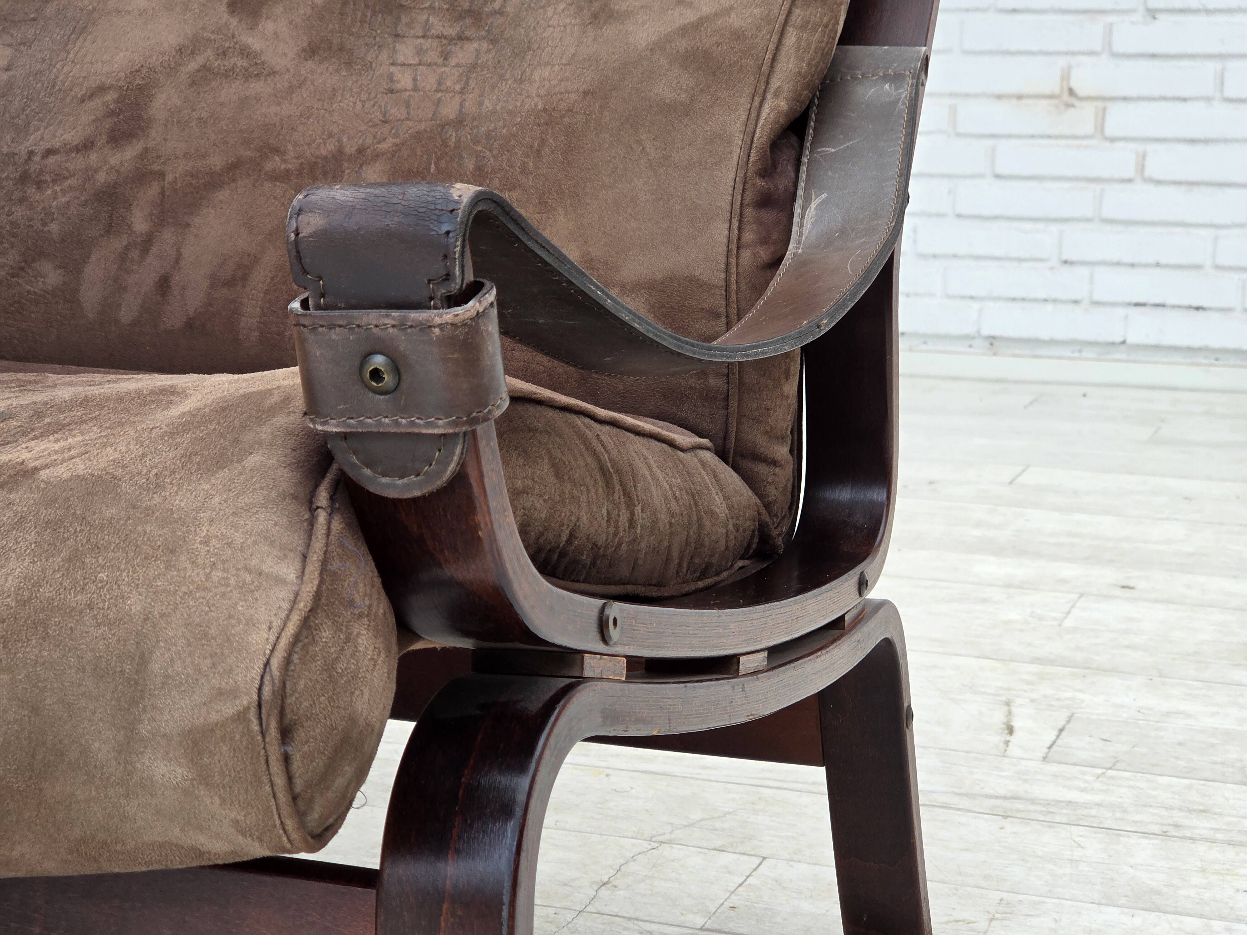 1970s, Scandinavian lounge chair, nubuck leather, canvas, beech wood.