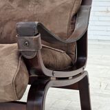 1970s, Scandinavian lounge chair, nubuck leather, canvas, beech wood.