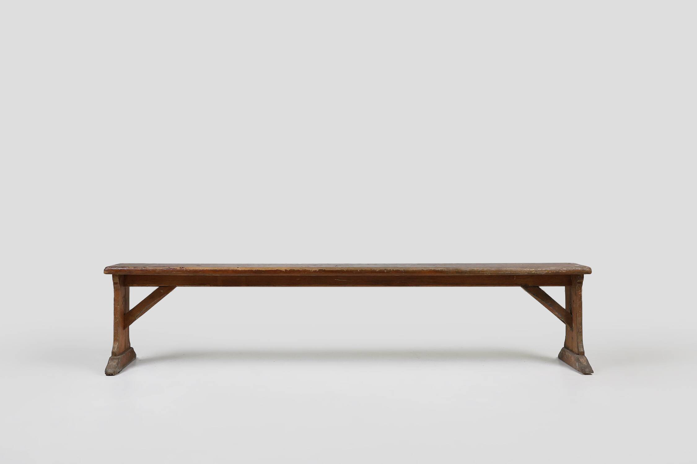 Rustic French bench in oak with carvings and nice patina, ca. 1850
