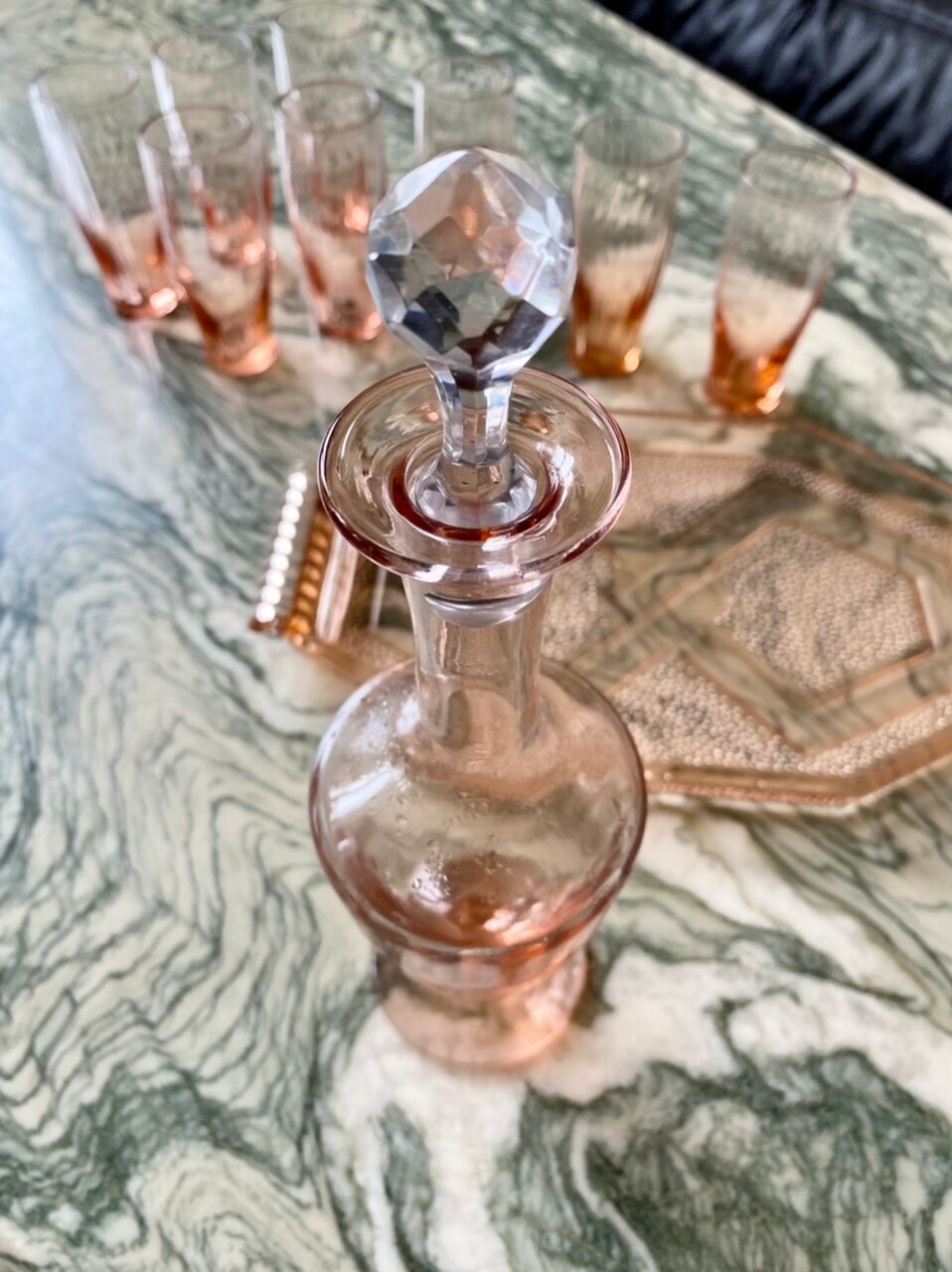 Vintage pink glass liquor service