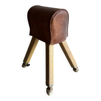 Vintage 1960s Belgian pommel horse — brown leather vault on natural wood legs