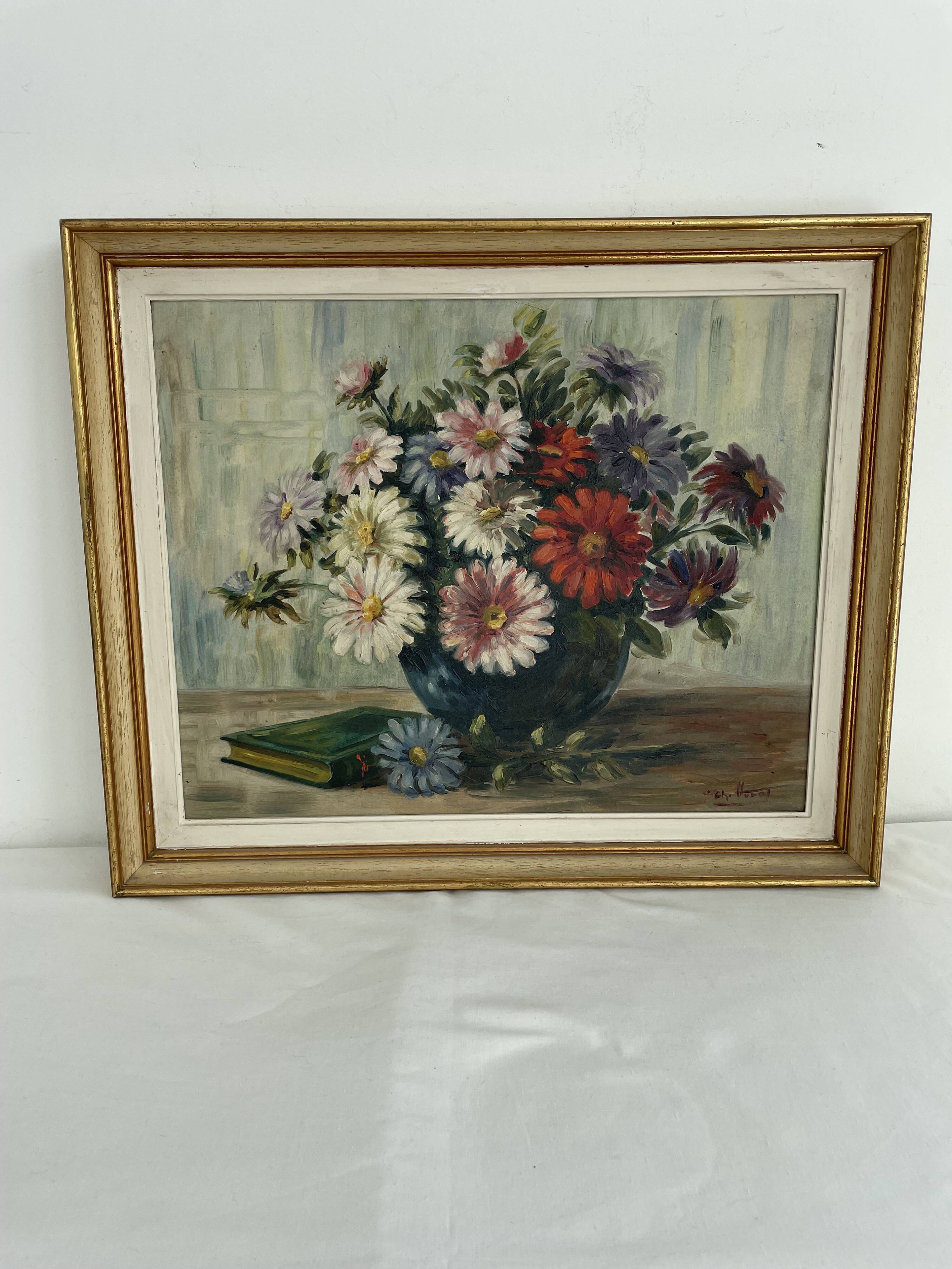 Vintage, oil painting, still life with bouquet of flowers, book, 20th century, signed