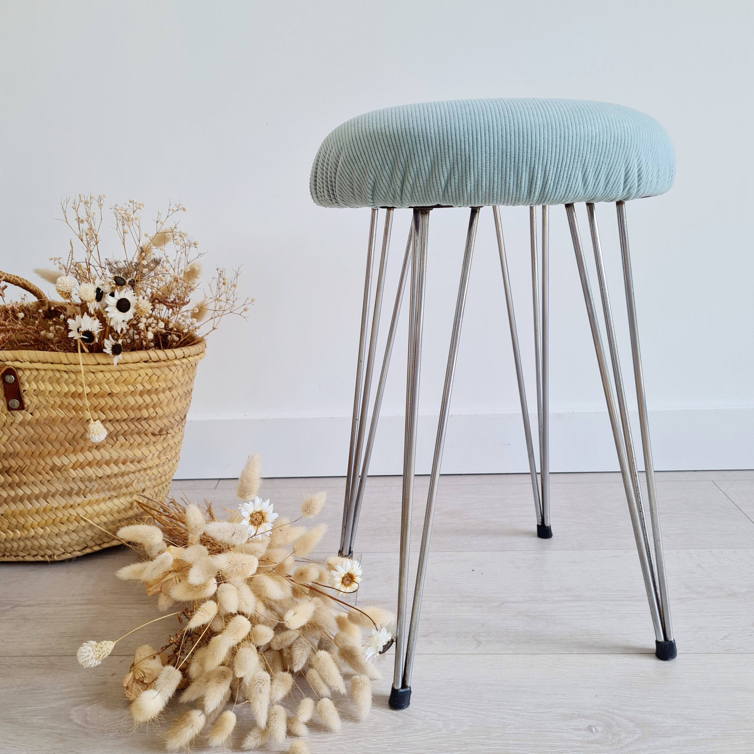 Antique metal and blue velvet stool, 1960s