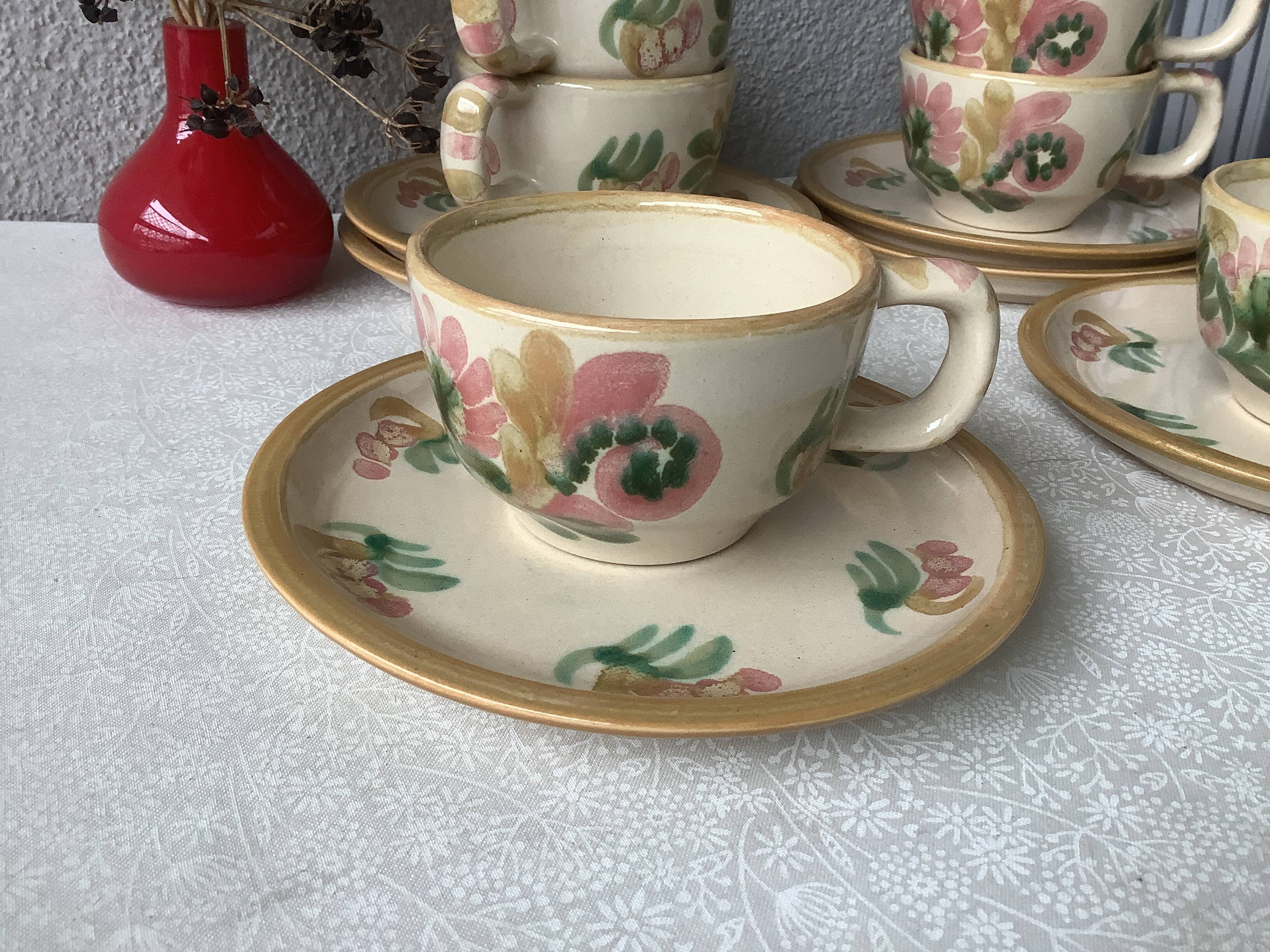 HB Henriot Quimper stoneware cups, hand-painted floral decoration