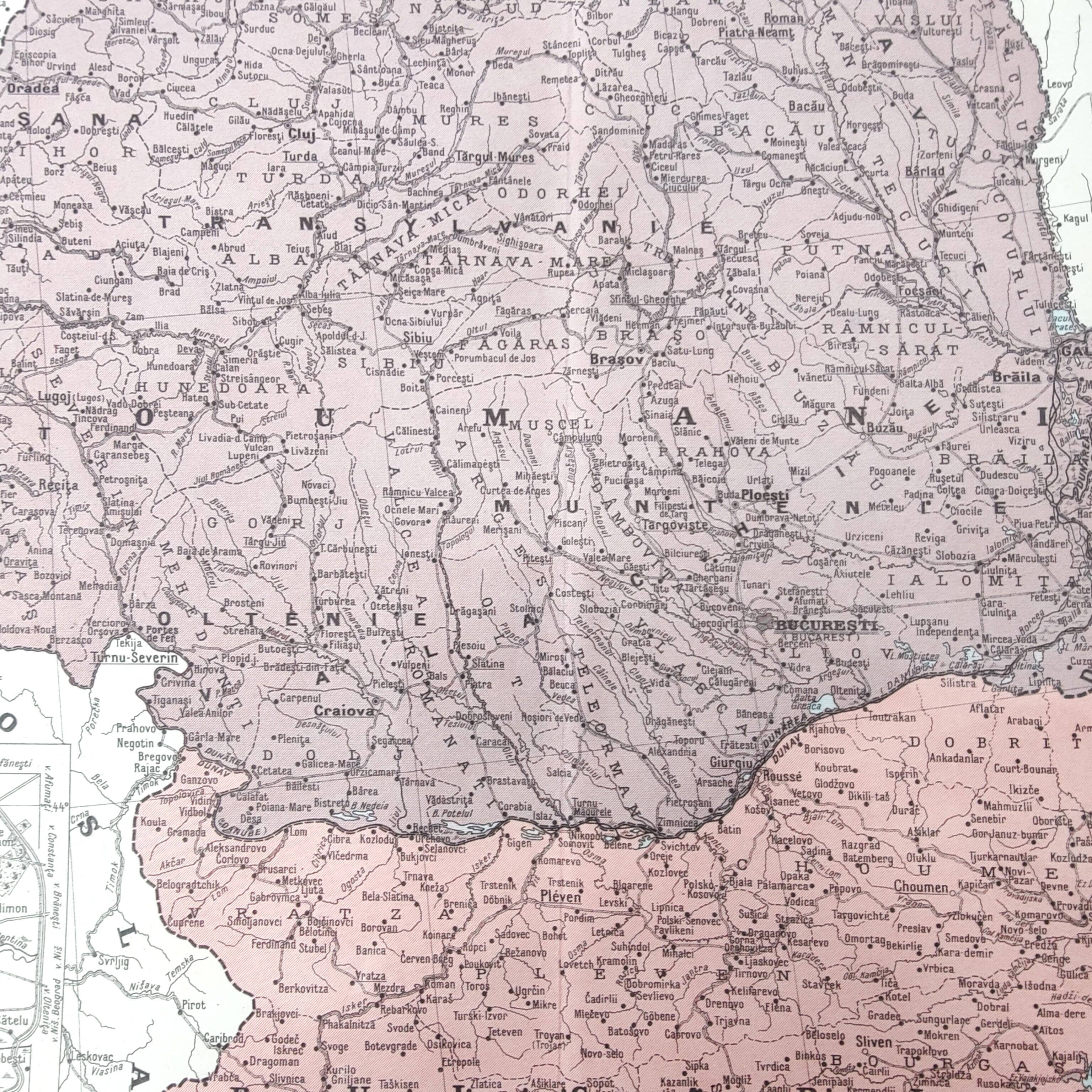 Old map Romania and Bulgaria 43x43cm from 1950