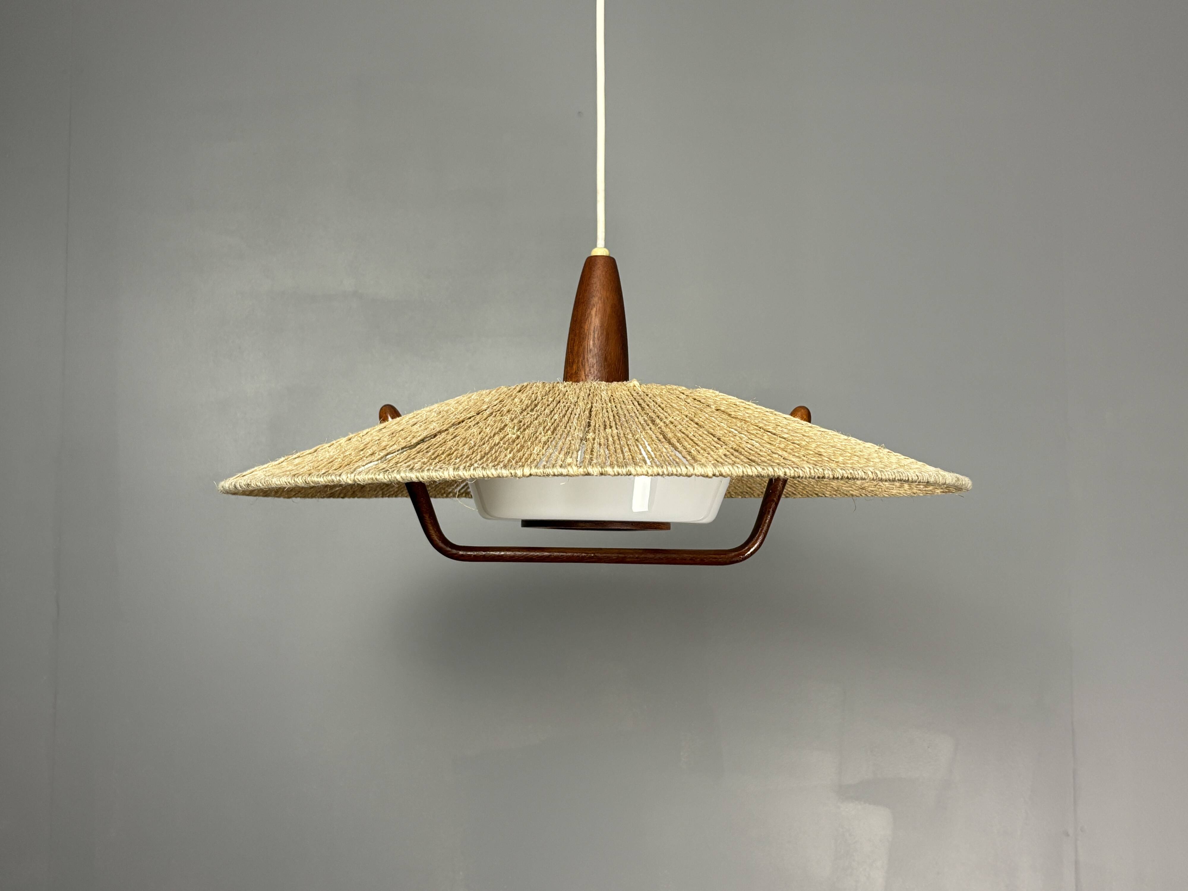 Large Mid-Century Teak and Sisal Cord Hanging Pendant by Temde Leuchten,60s