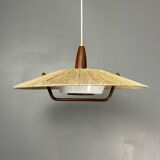 Large Mid-Century Teak and Sisal Cord Hanging Pendant by Temde Leuchten,60s