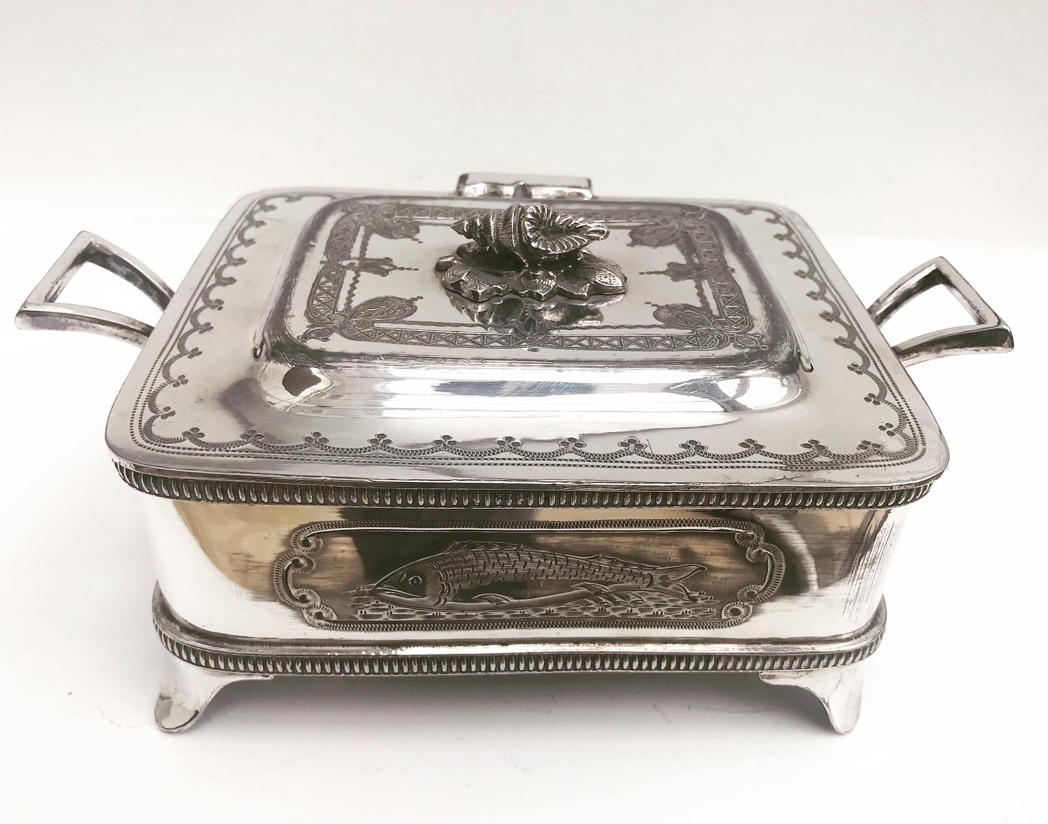 Victorian sardine box silver metal flat butter and glass insert Walker and Hall