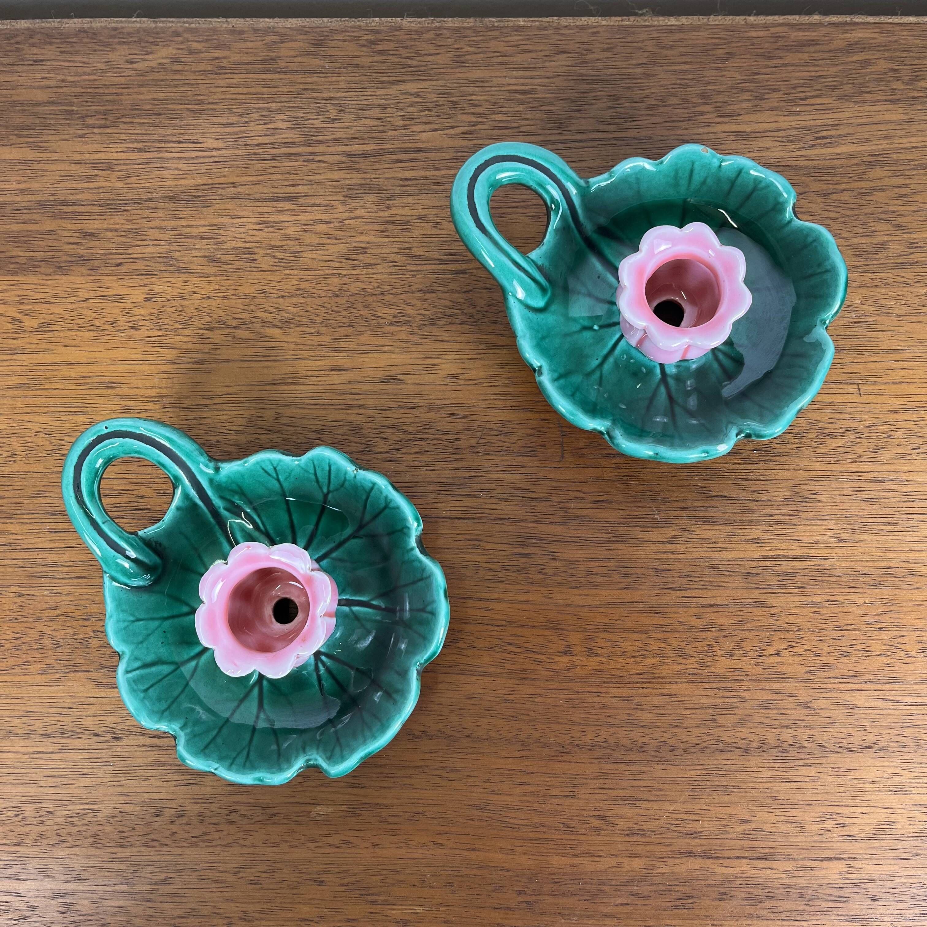 Duo of Barbotine candlesticks in Art Nouveau style or inspired by naturalism