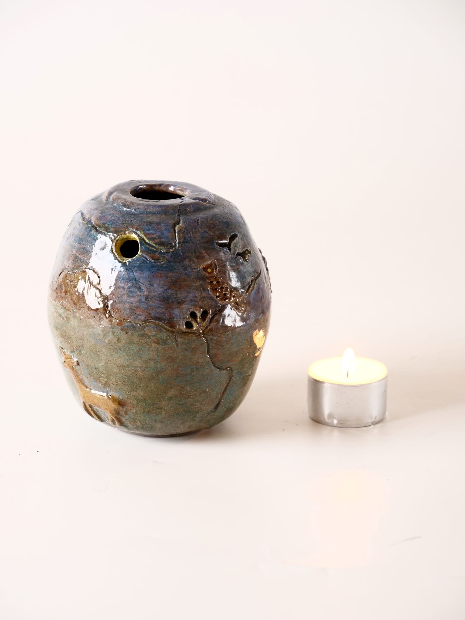 Terracotta photophore scenette owl in the moonlight