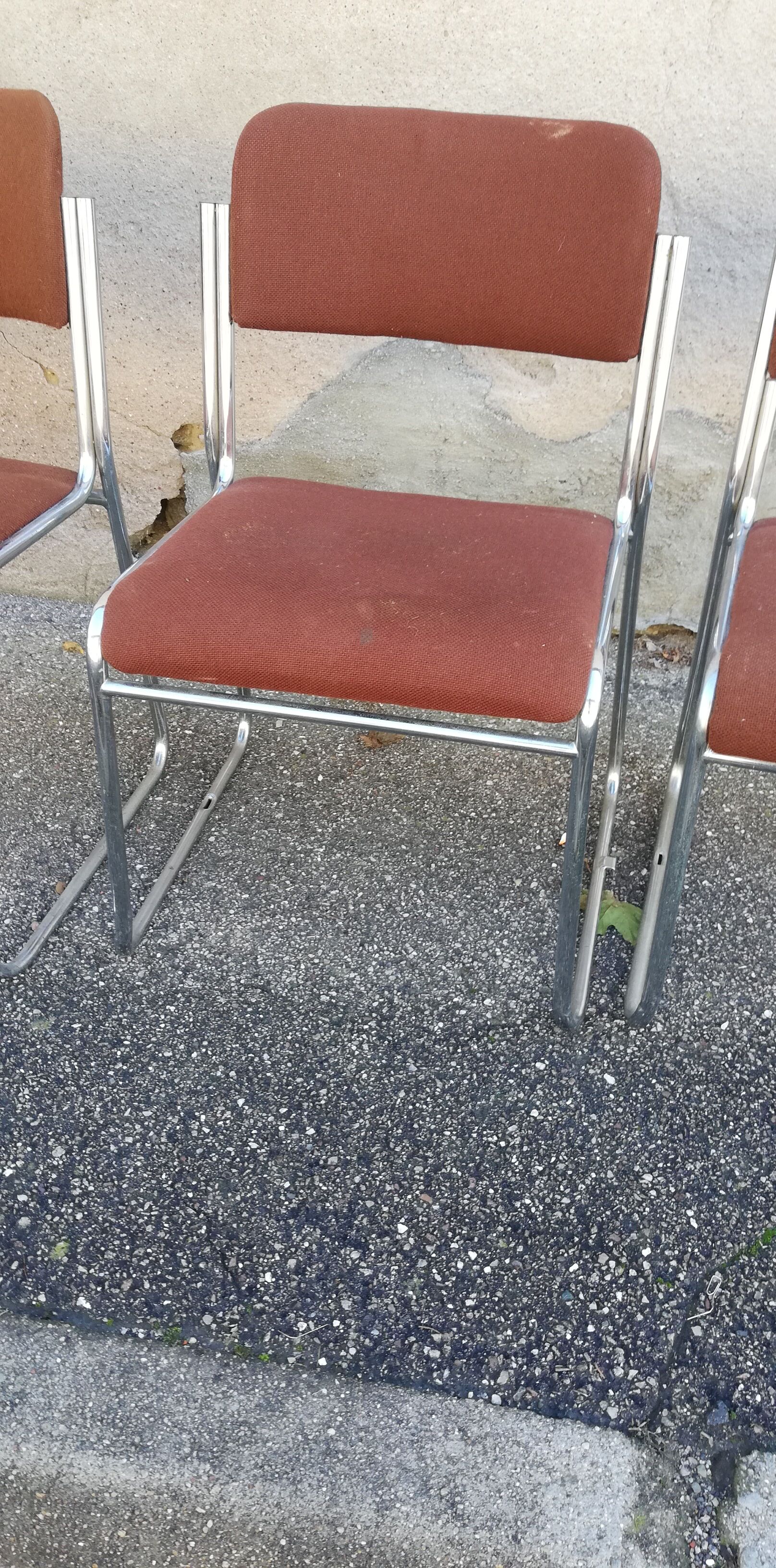 Set de 4 chaises vintage chrome et tissu marron