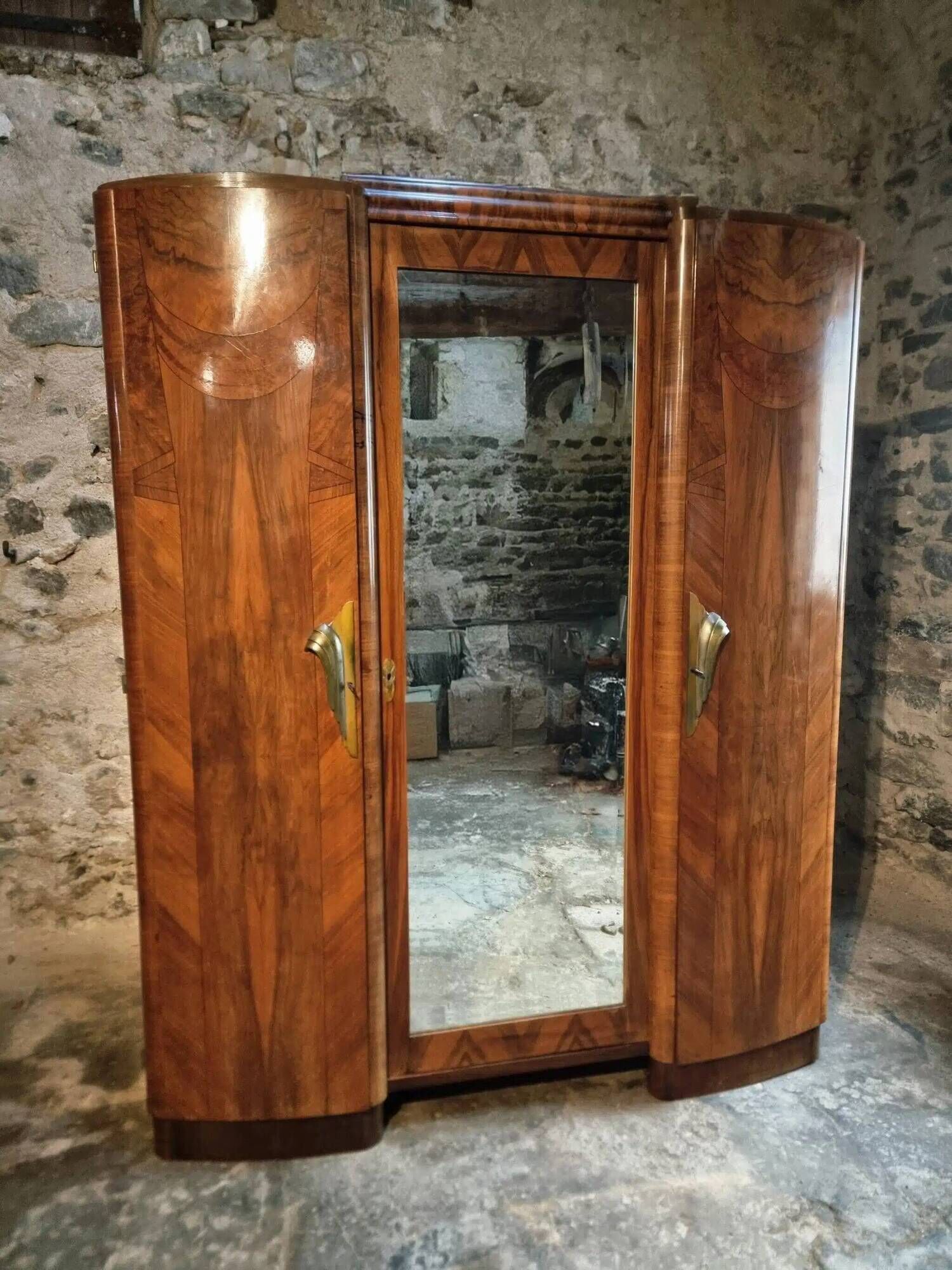 French Art Deco walnut wardrobe with mirror, 1930s