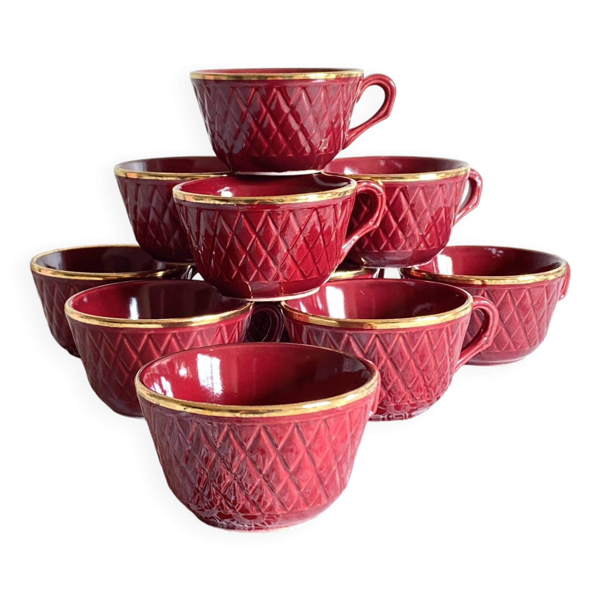 Set of 10 old red and gold ceramic coffee tea cups