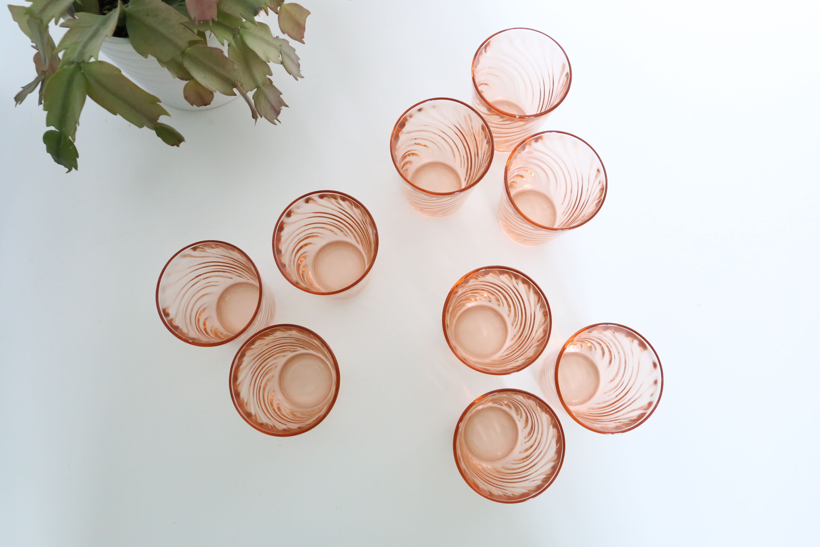 Pink glass water glass, lot of 9, French vintage