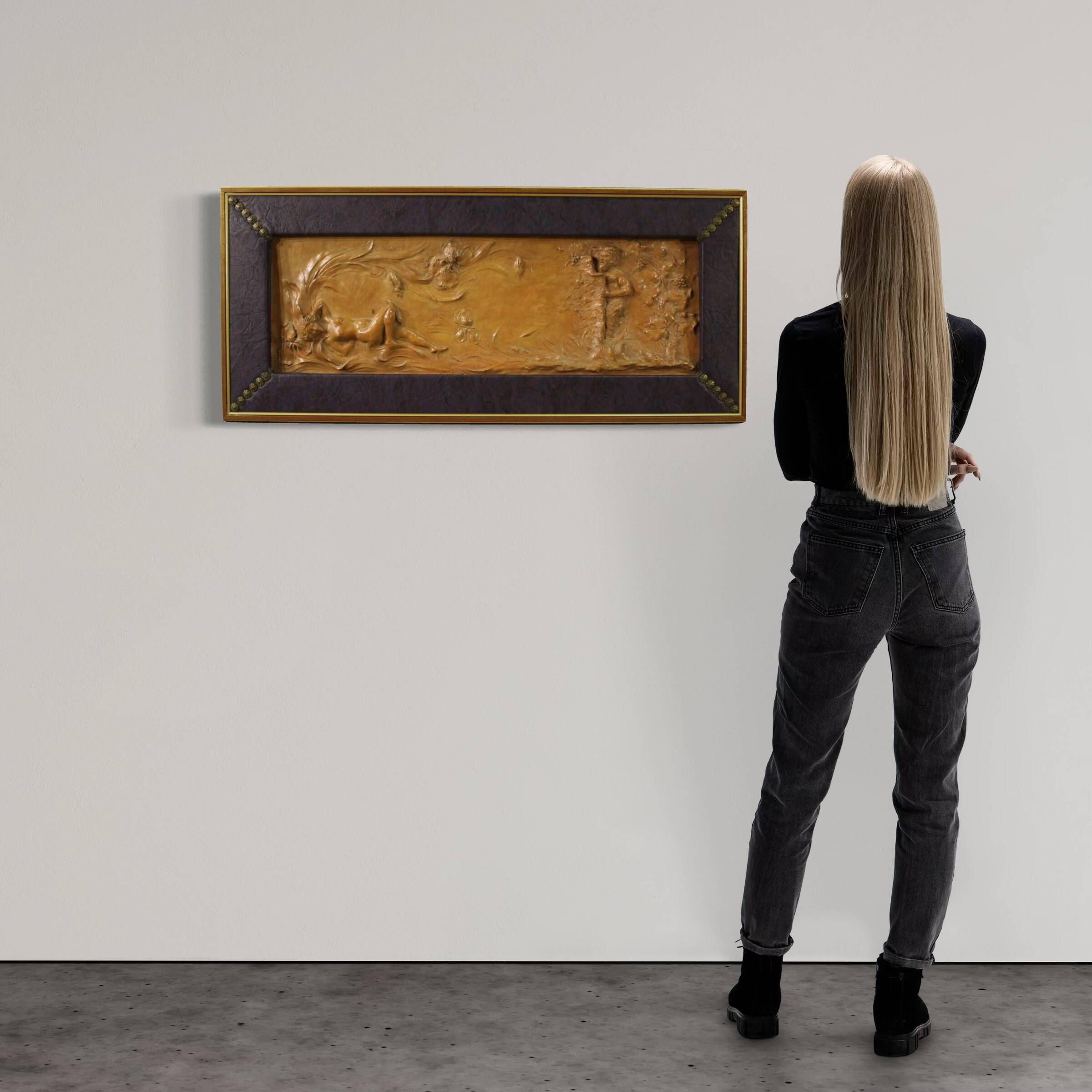 French terracotta bas-relief, Venus with Faun from 20th century