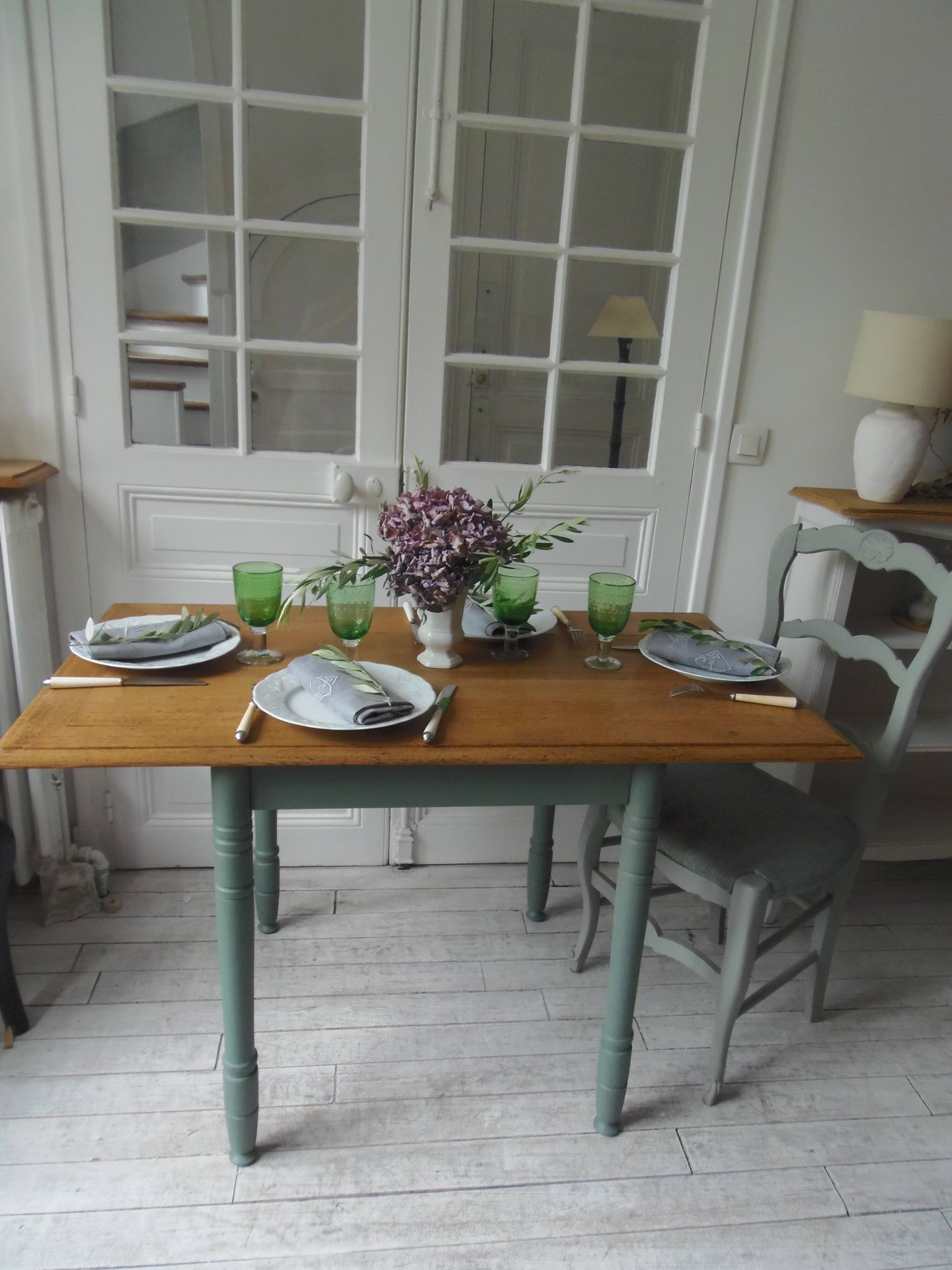 Table, vintage desk with smoked green base and oak top.