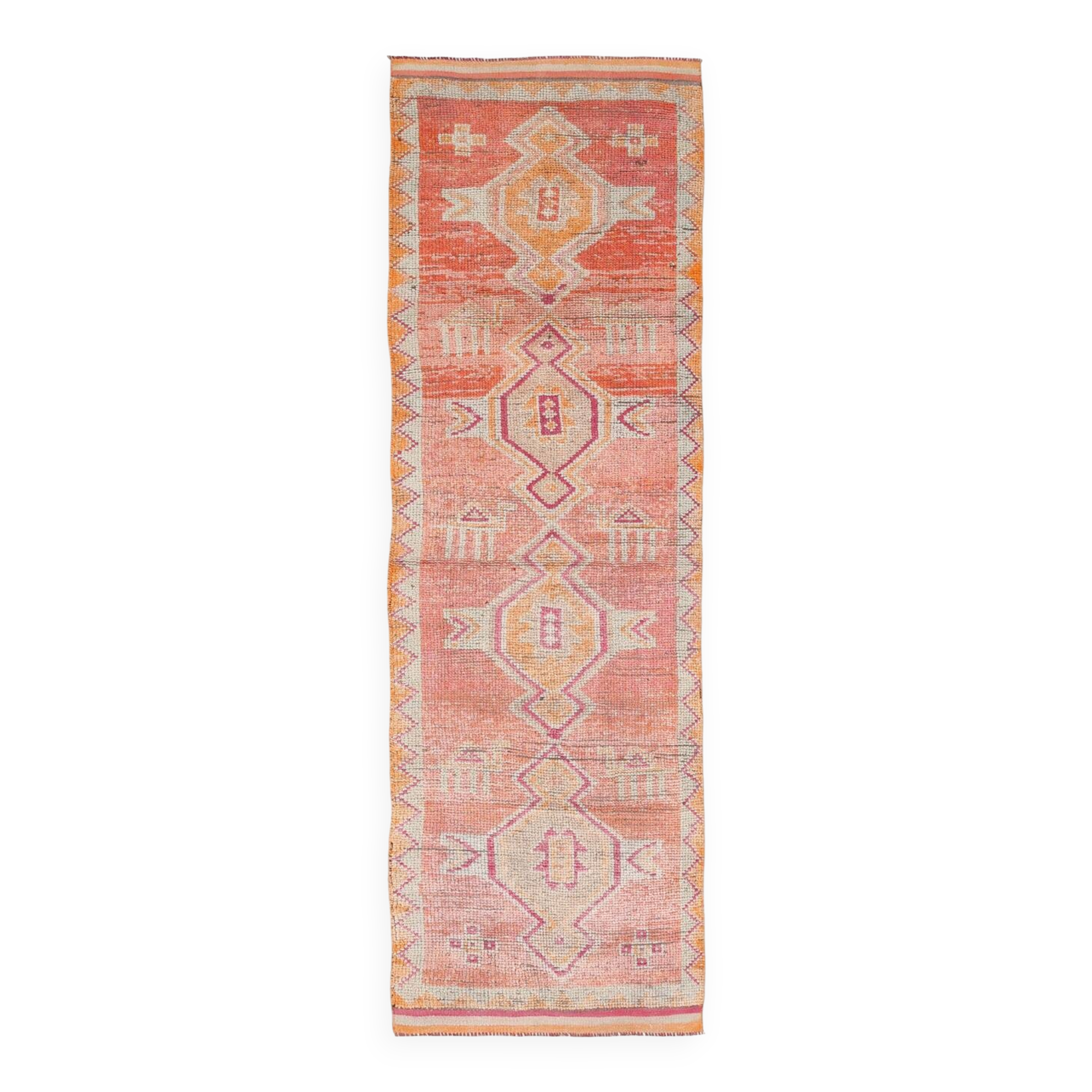 3x10 Coral Orange & Red Turkish Vintage Runner Rug, 98x322Cm