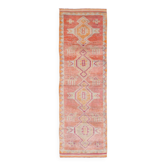 3x10 Coral Orange & Red Turkish Vintage Runner Rug, 98x322Cm