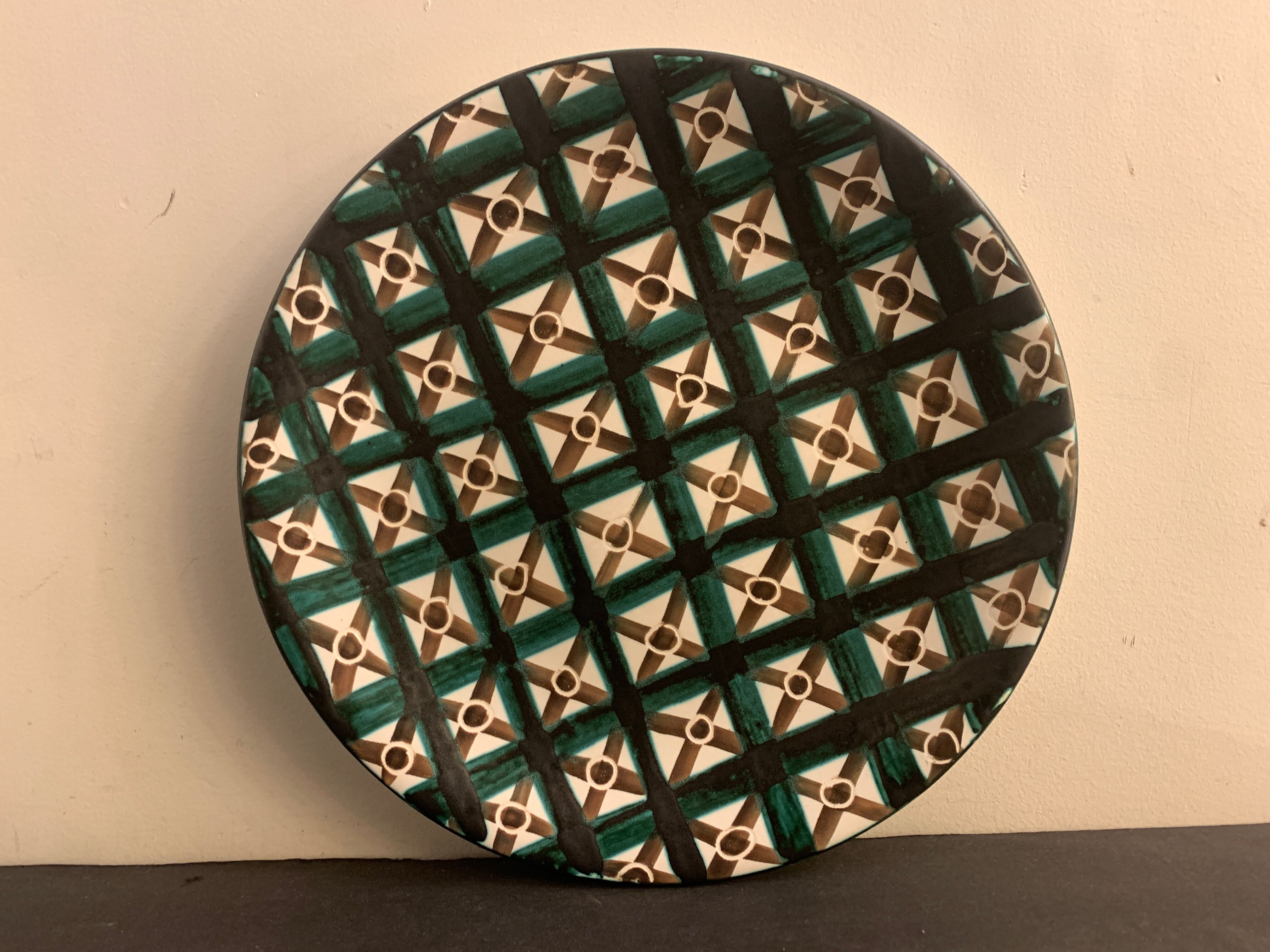 Flat glazed ceramic plate by Robert Picault, Vallauris 1960