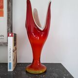 Designer vase in the shape of a tulip from the 70s, orange red blown glass, Dragan Drobnjak