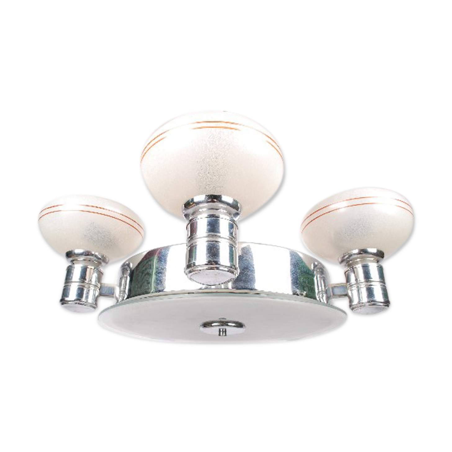 Art deco machine age style chandelier in chrome and frosted glass, 1940s