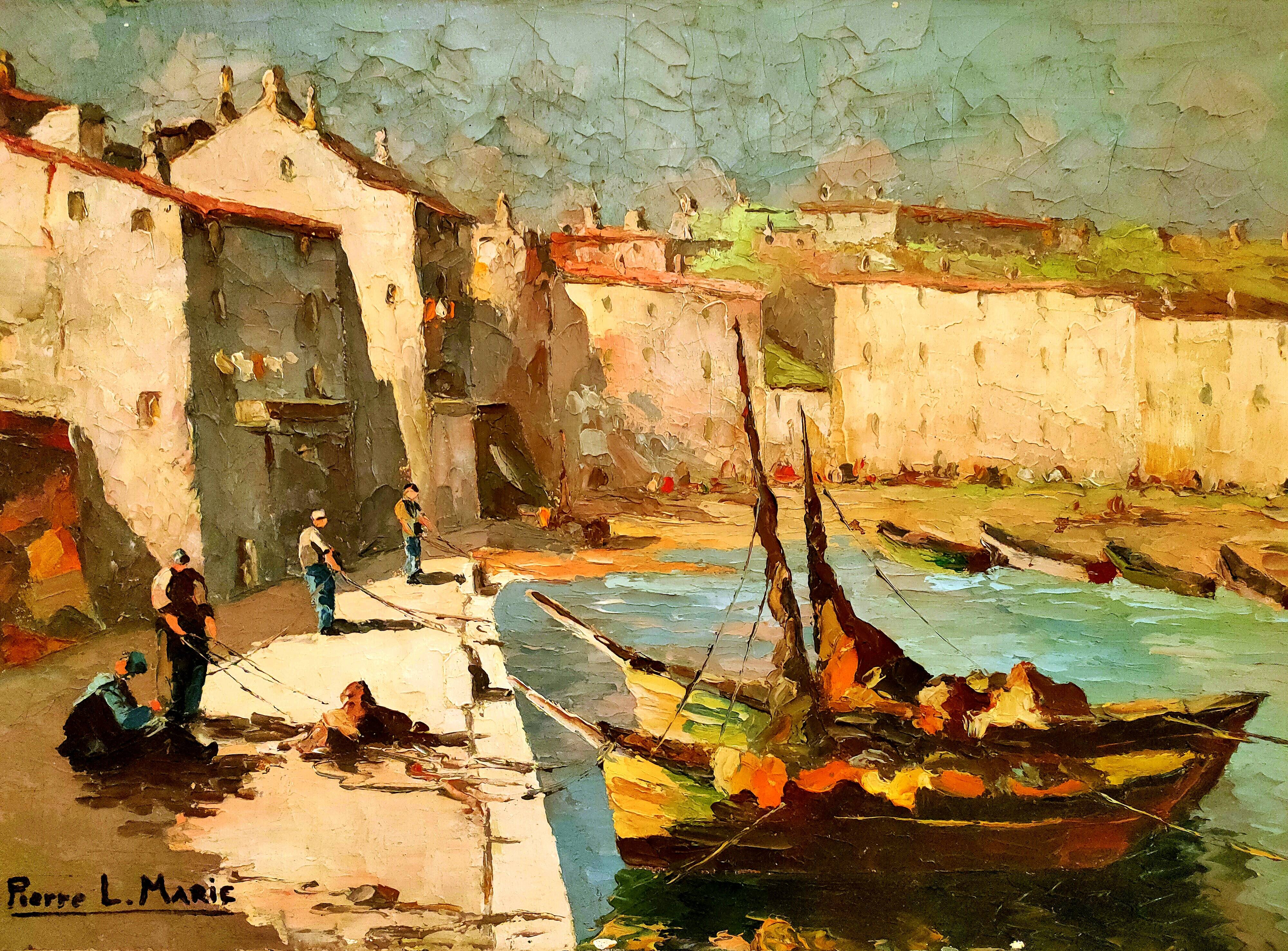 Painting oil HST signed Pierre L Marie Marine View of a South Port of the France 1900
