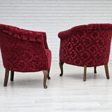 Paire de fauteuils lounge danois, années 1950, tissu rouge en coton/laine.