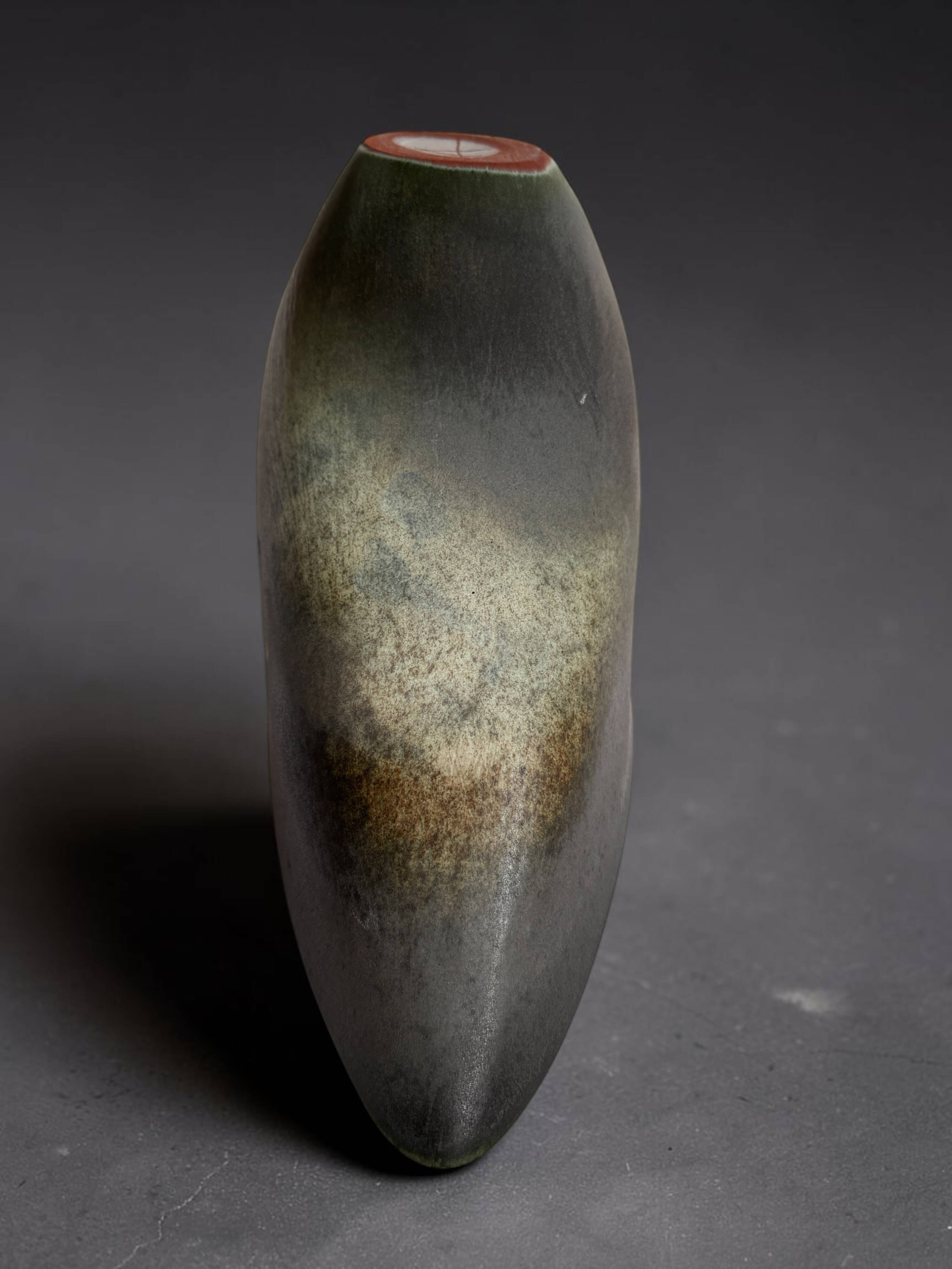 Antonio Lampecco shuttle vase, glazed grey-green ceramic, signed.