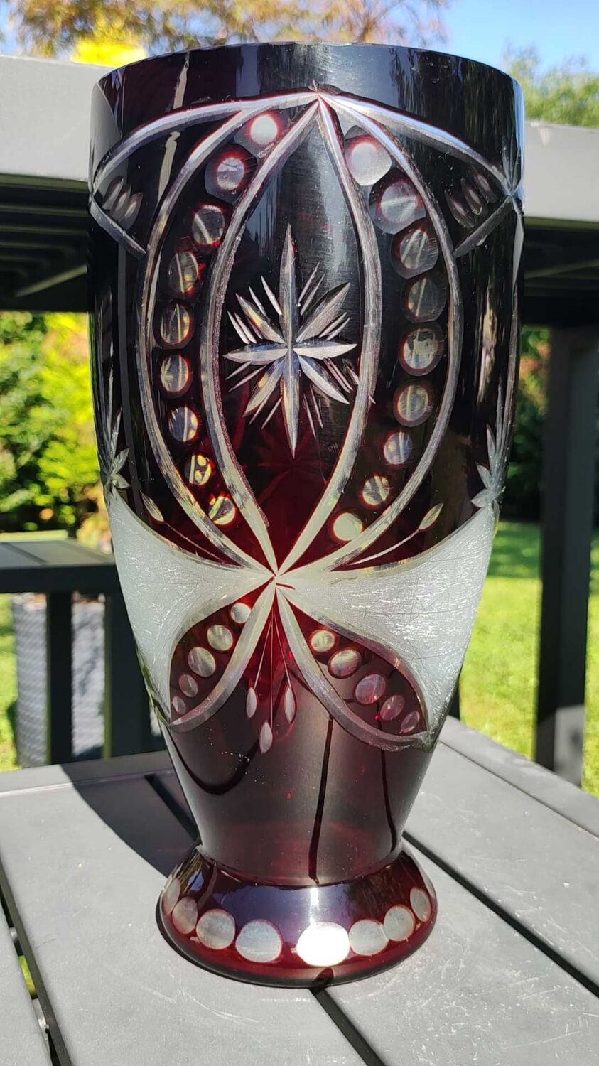 Bohemian/Czech Boho crystal vase, Burgundy red, vintage