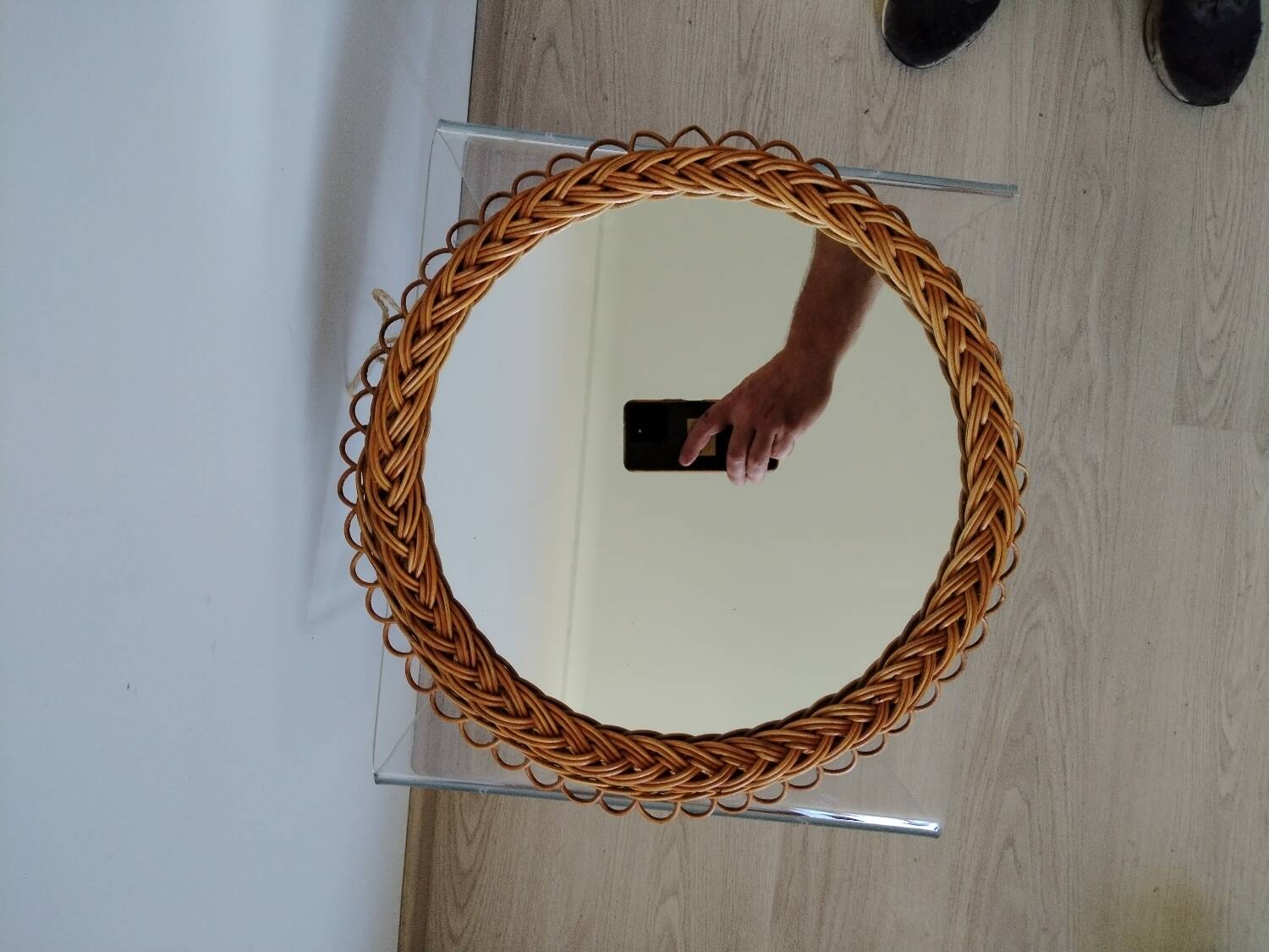 Pretty Soleil rattan mirror, 1950s