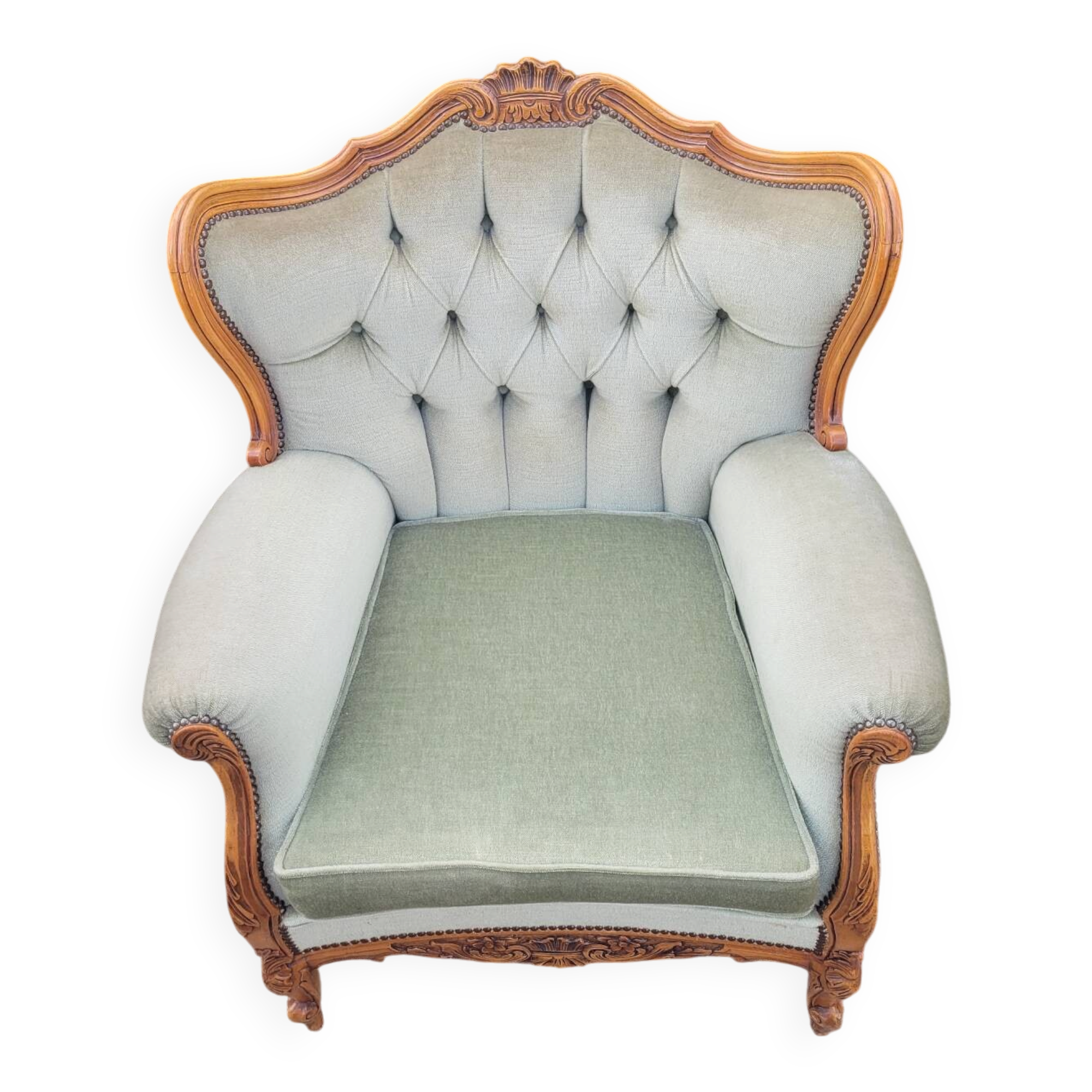 Fauteuil ancien Louis XV  en velours vert d eau