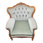 Fauteuil ancien Louis XV  en velours vert d eau