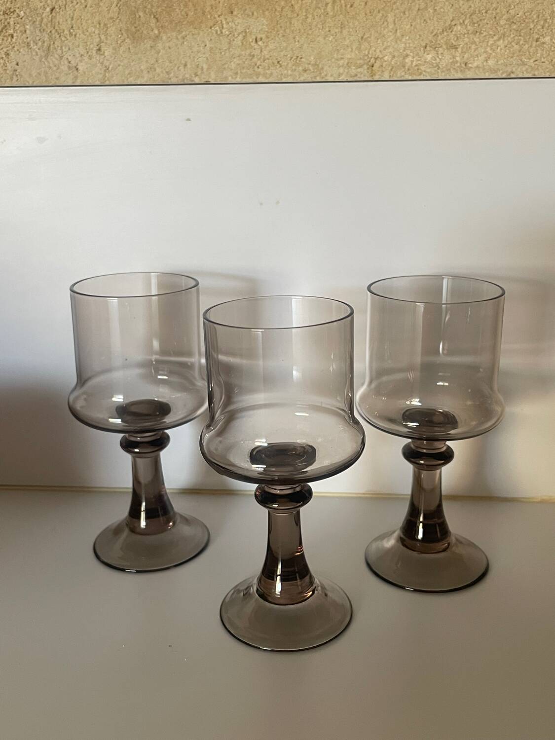 3 stemmed digestif glasses, smoked brown glass