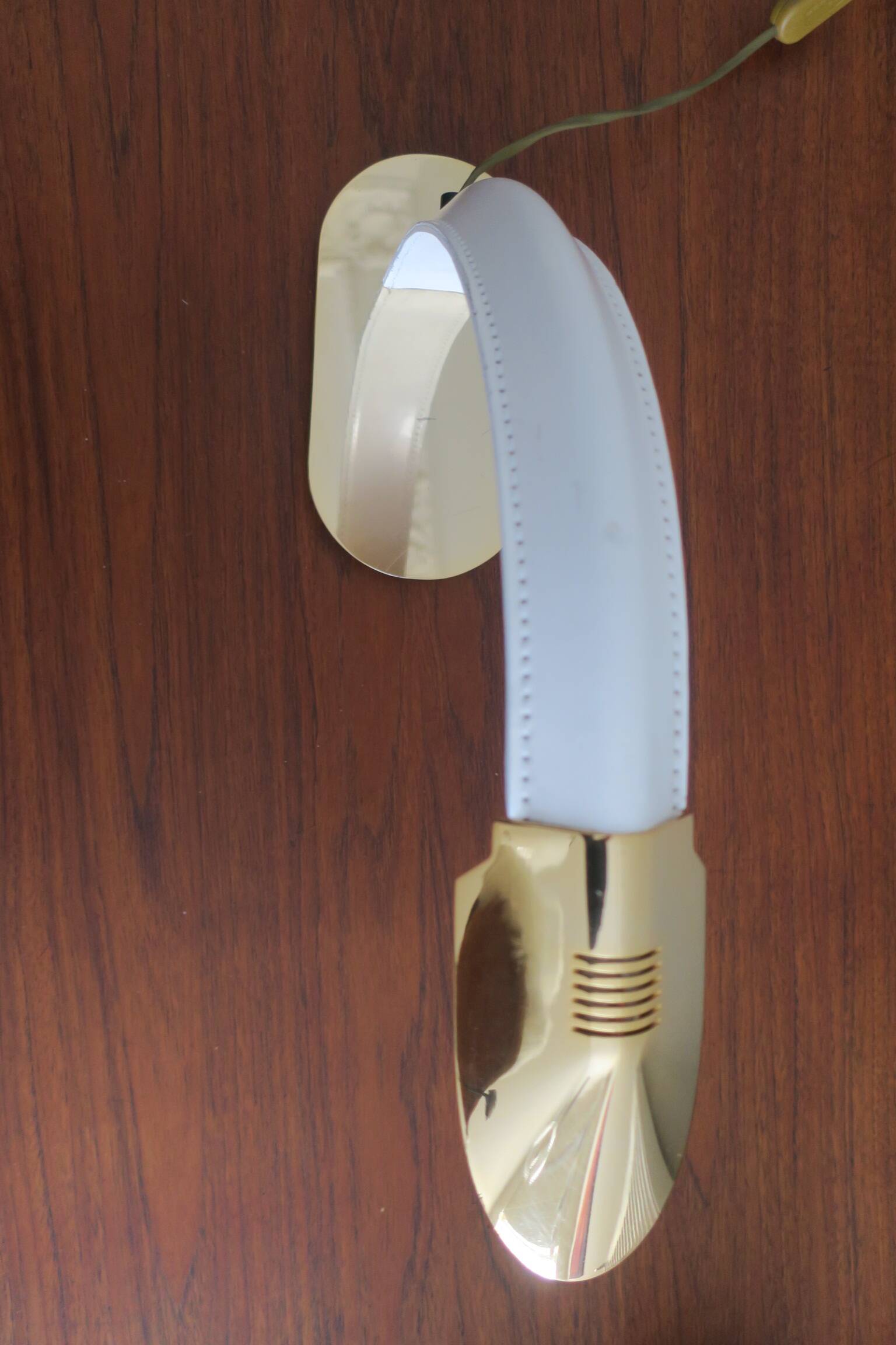 Vintage inscribed leather and gold-plated brass table lamp, Italy 1970s