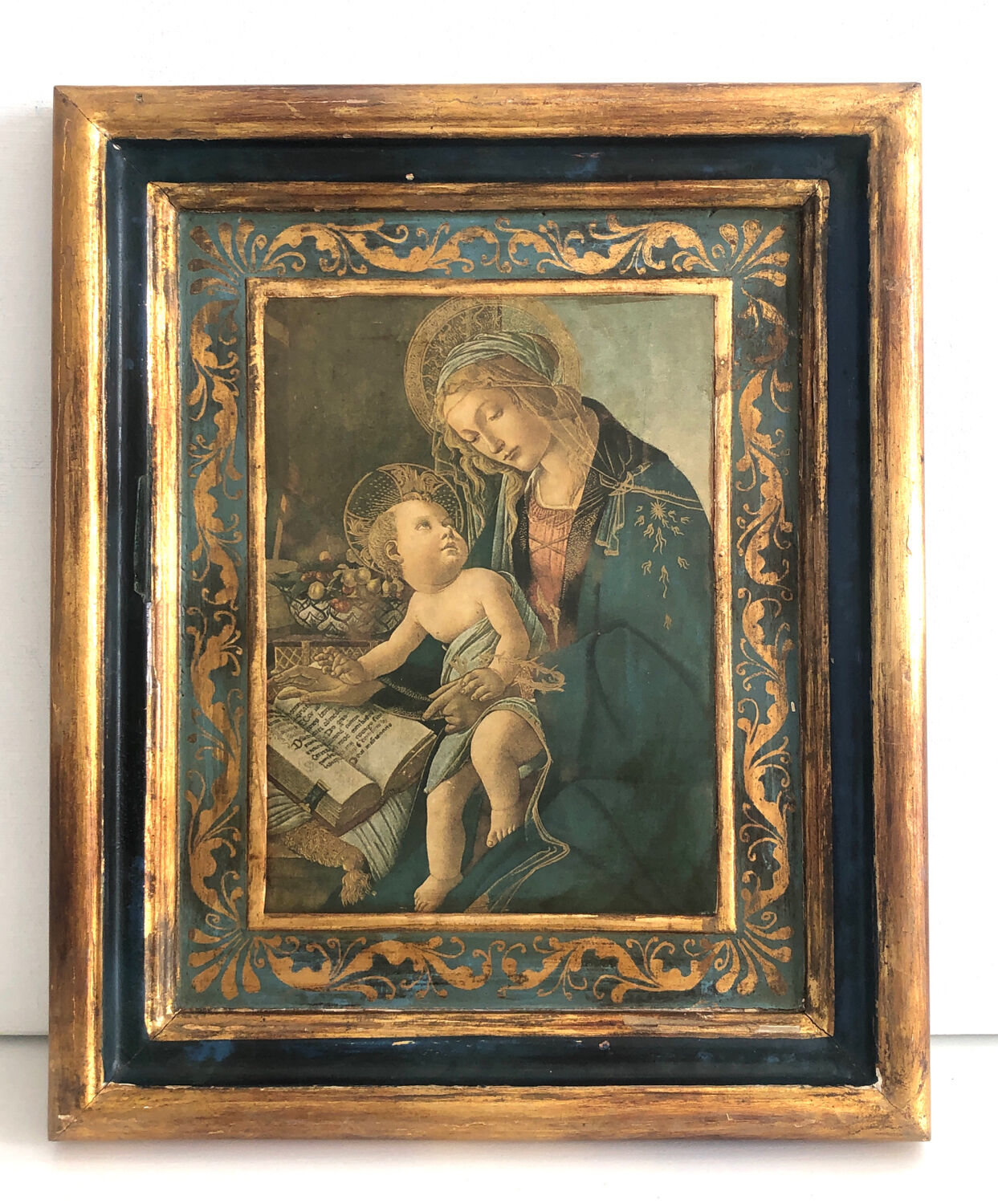 Antique Italian icon, blue and gold wood