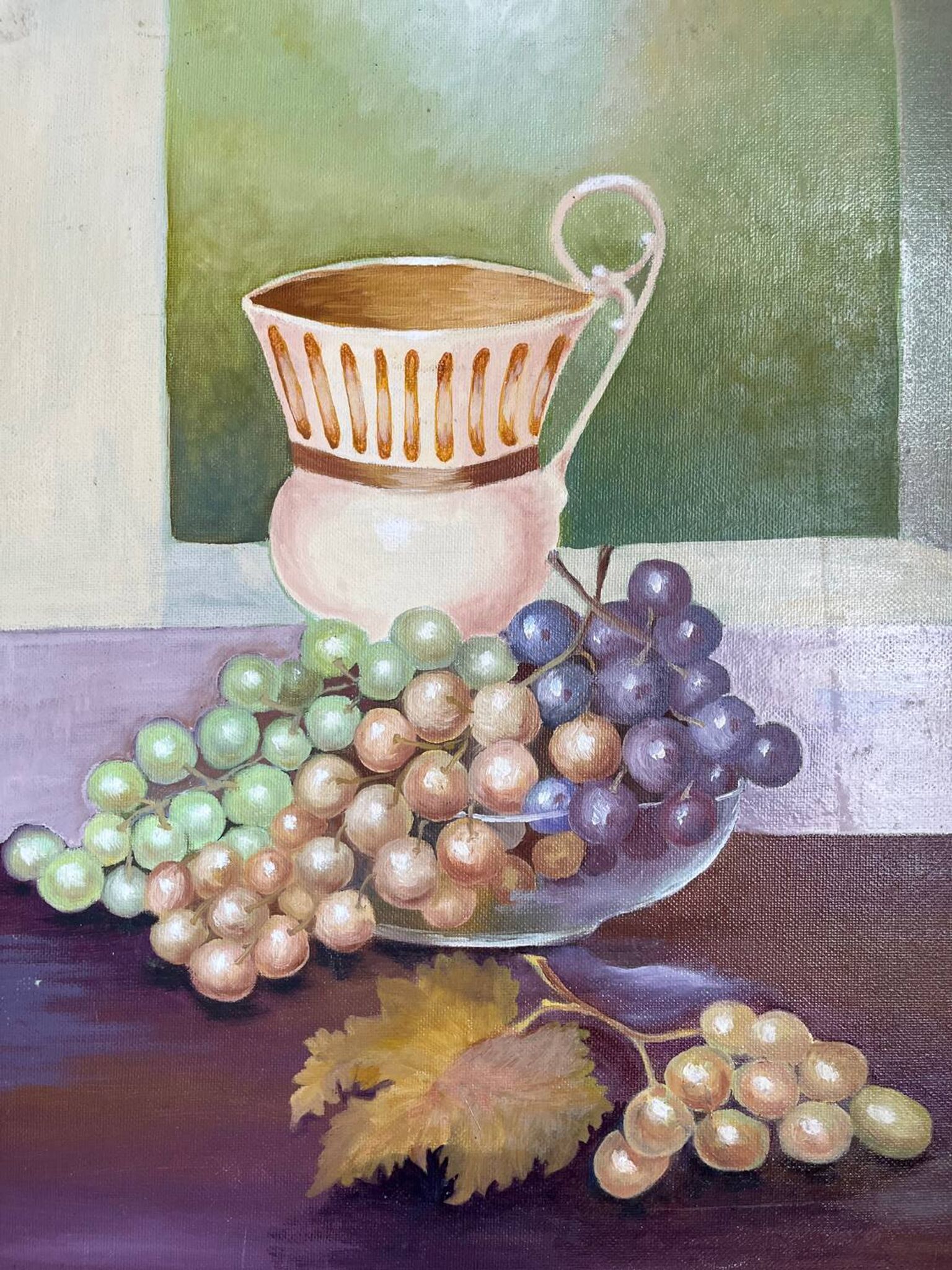Tableau : nature morte au pichet et aux raisins