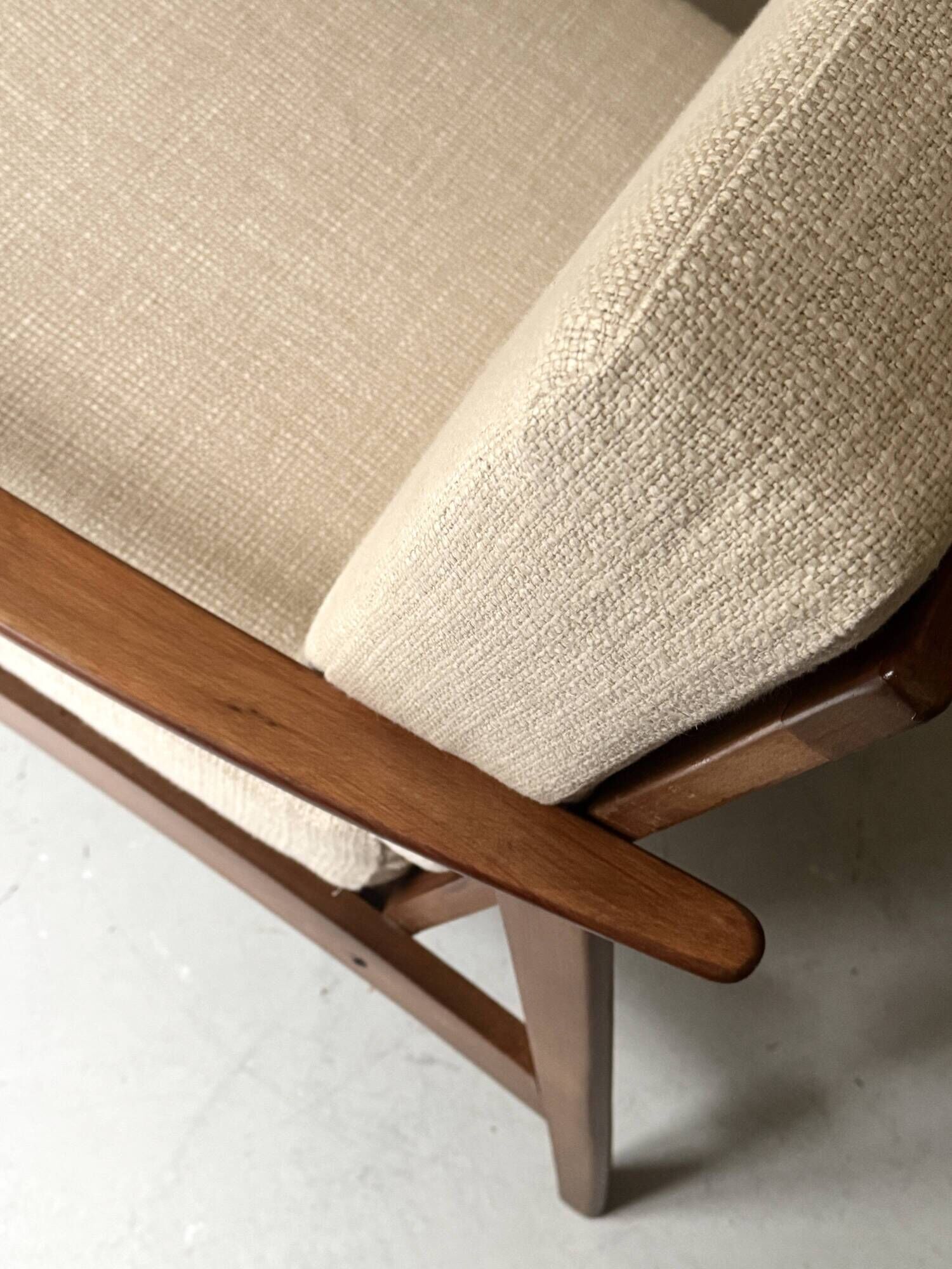 Scandinavian armchair in wood, Pierre Frey fabric, refurbished, Denmark 1950.