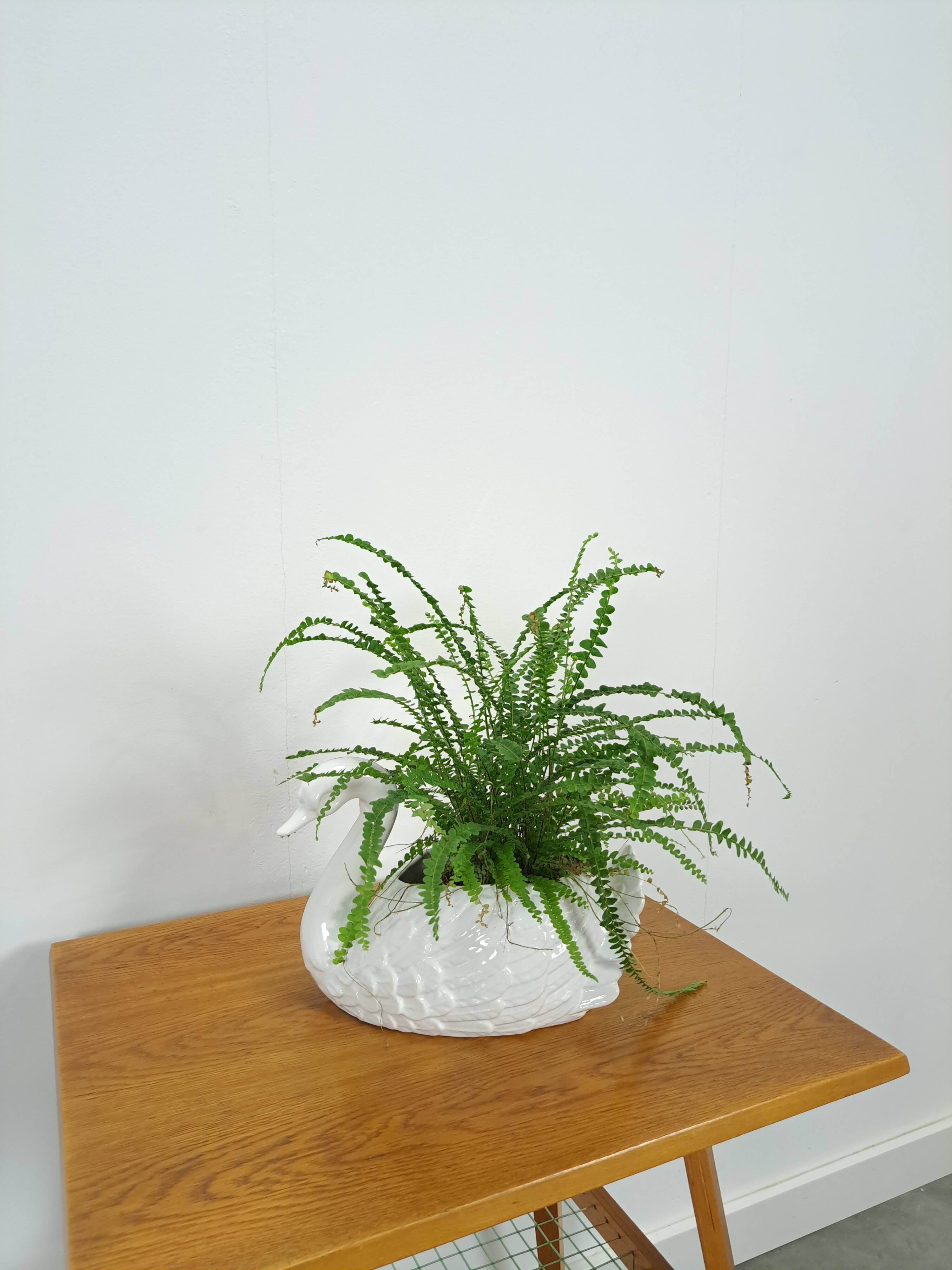 vintage porcelain flower pot in the shape of a swan