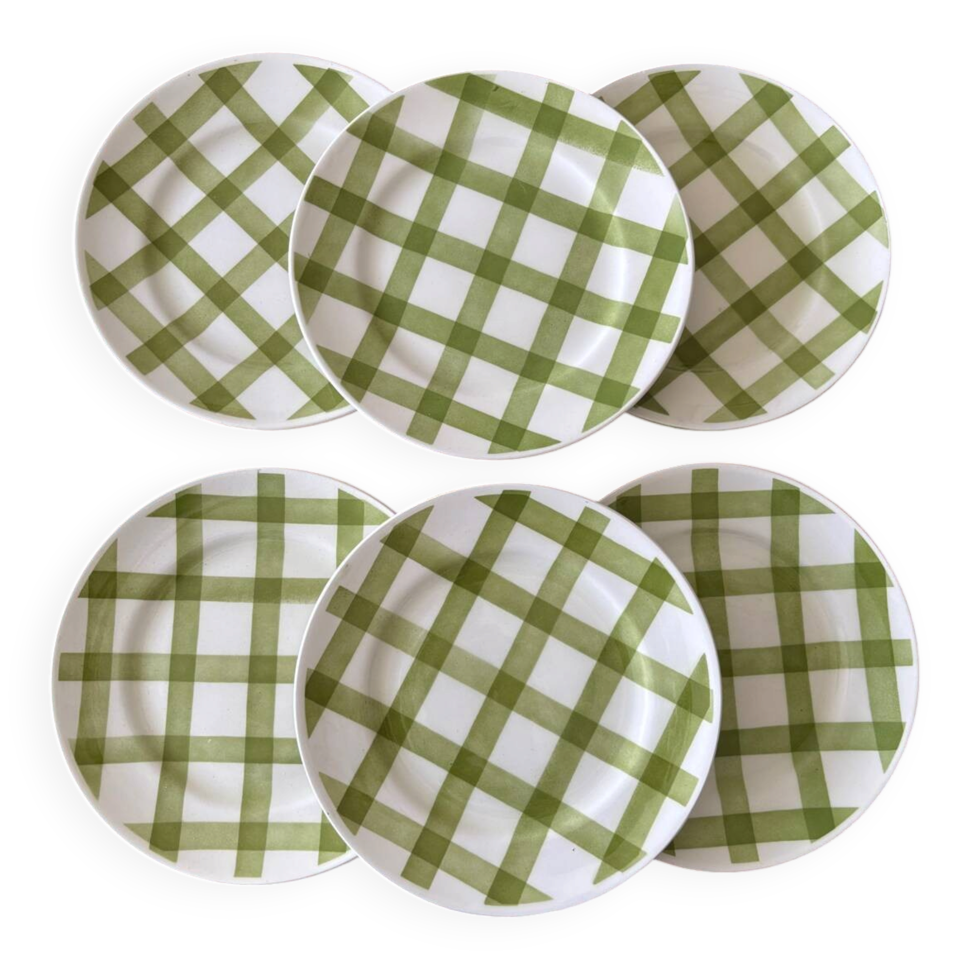 Lot of vintage checkered green dessert plates Moulin des Loups model.