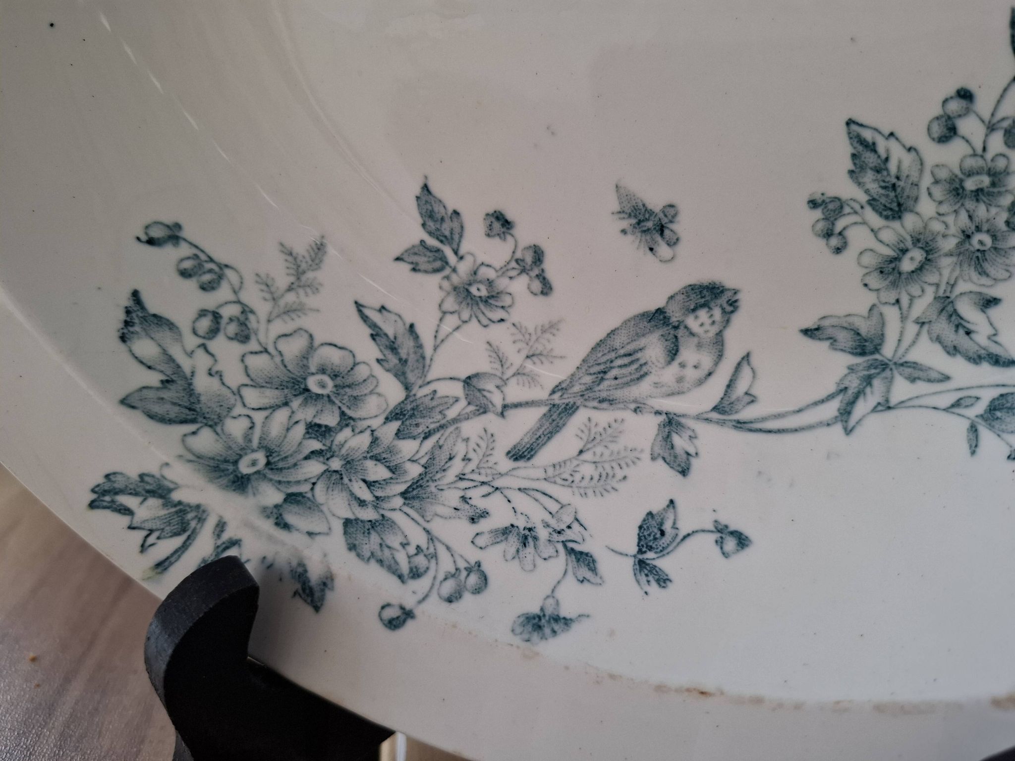 Old set of 2 terre de fer longwy dishes – bird and flower decoration