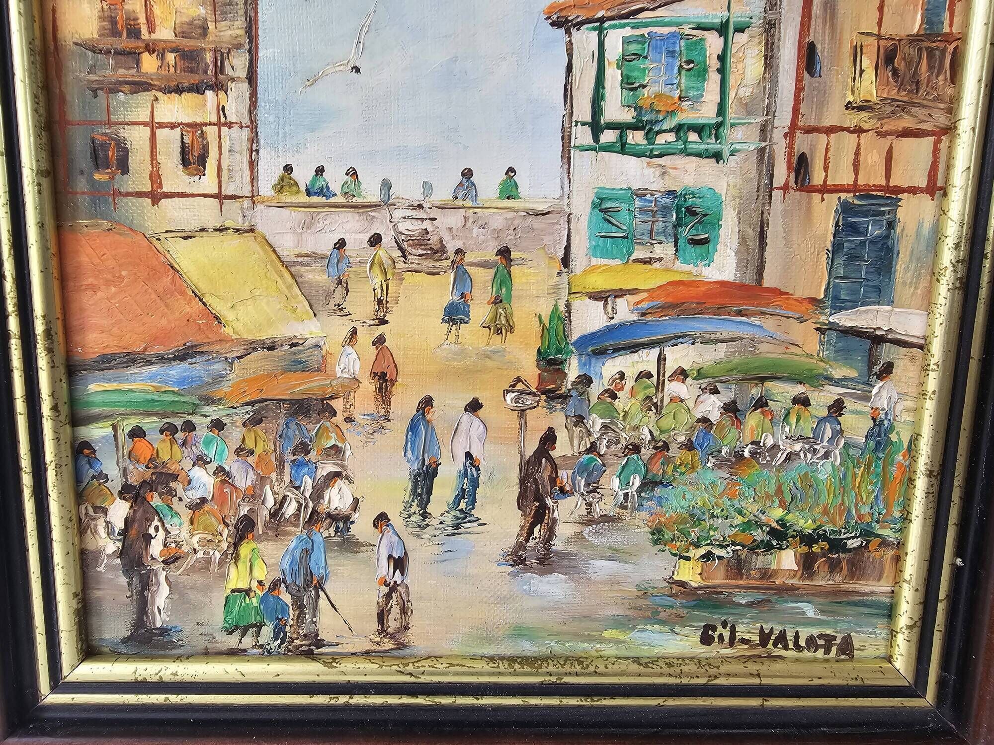 Oil Painting on Canvas Saint Jean de Luz Rue de la République signed Gil Va