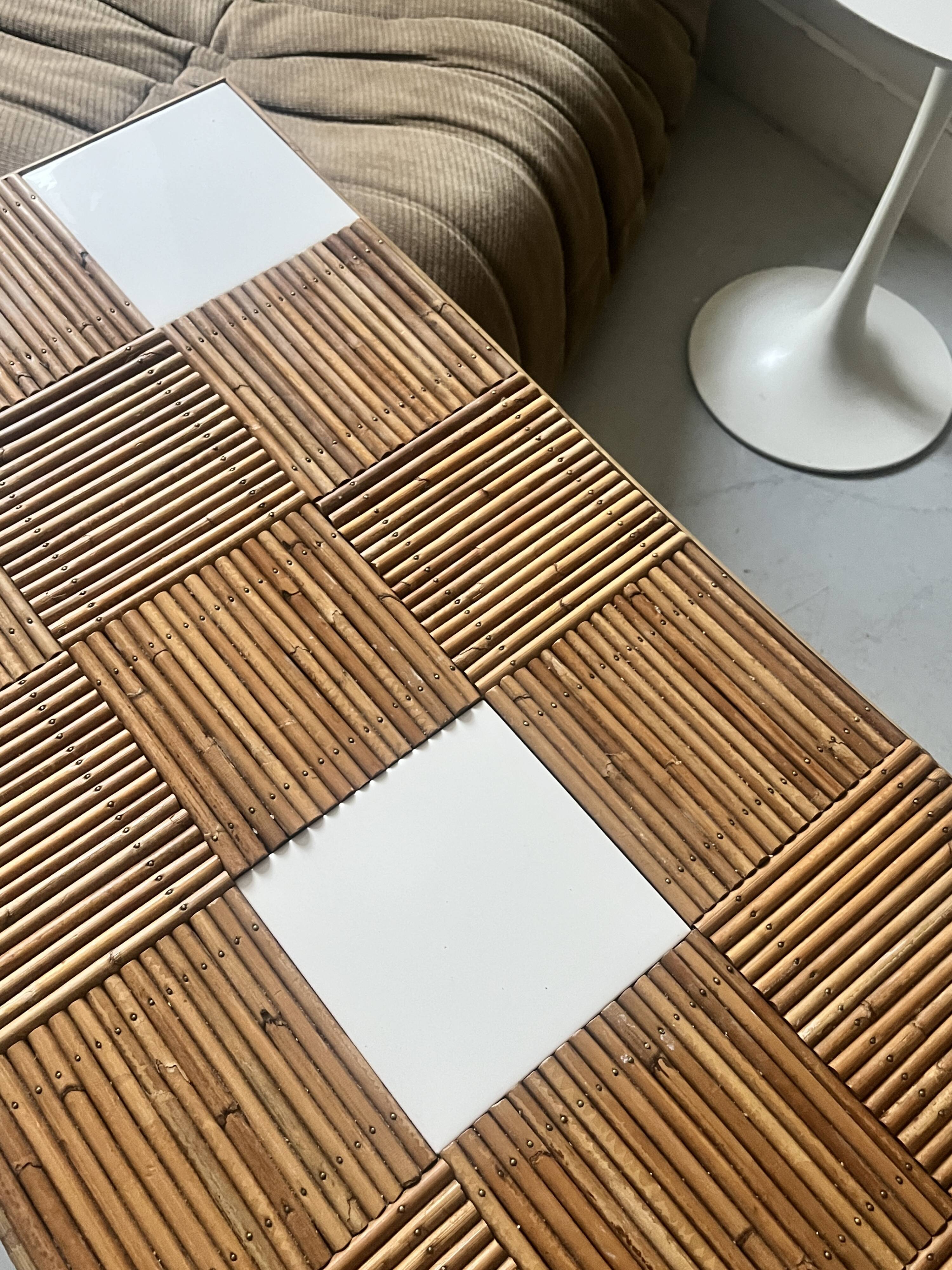 Large coffee table in Audoux style made of bamboo, rattan & ceramic, Italy 1970.