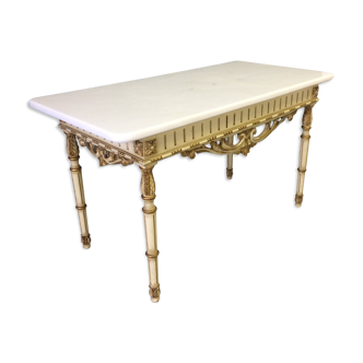 Table basse ancienne en bois ivoire/dorée avec plateau marbre