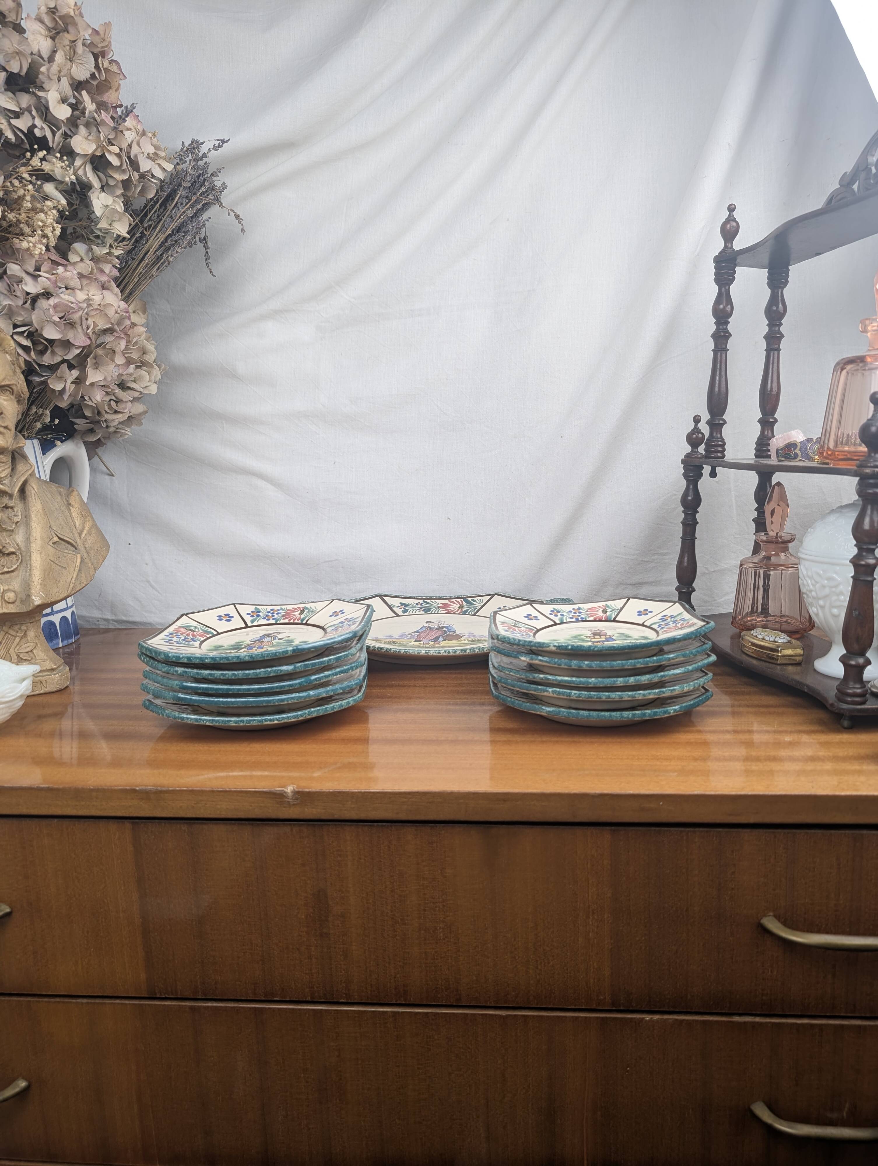 Henriot Quimper RM Octagonal Dessert Service Breton Couple Art Deco Style